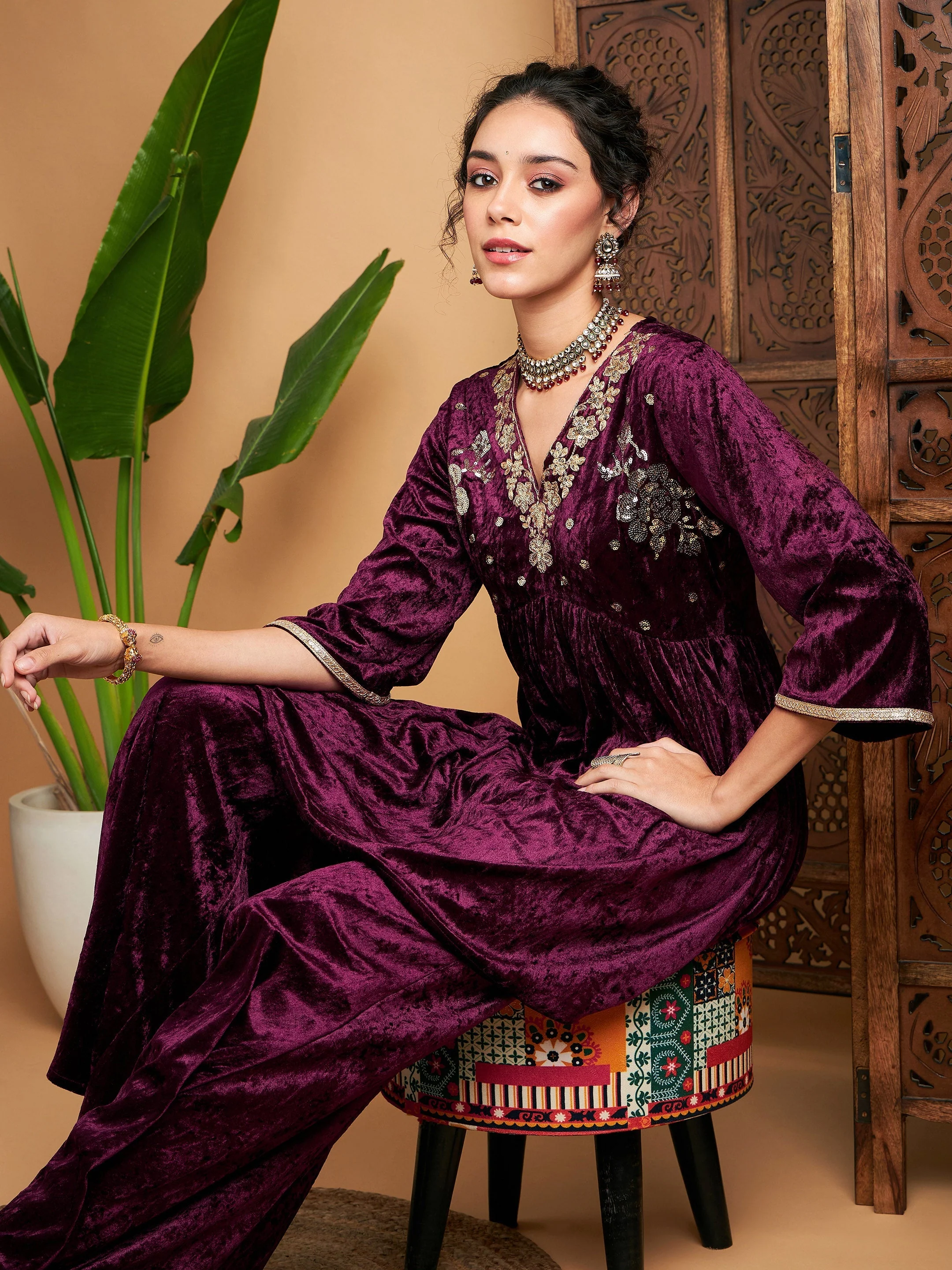Women Purple Velvet Embroidered Top With Palazzos - Image 2