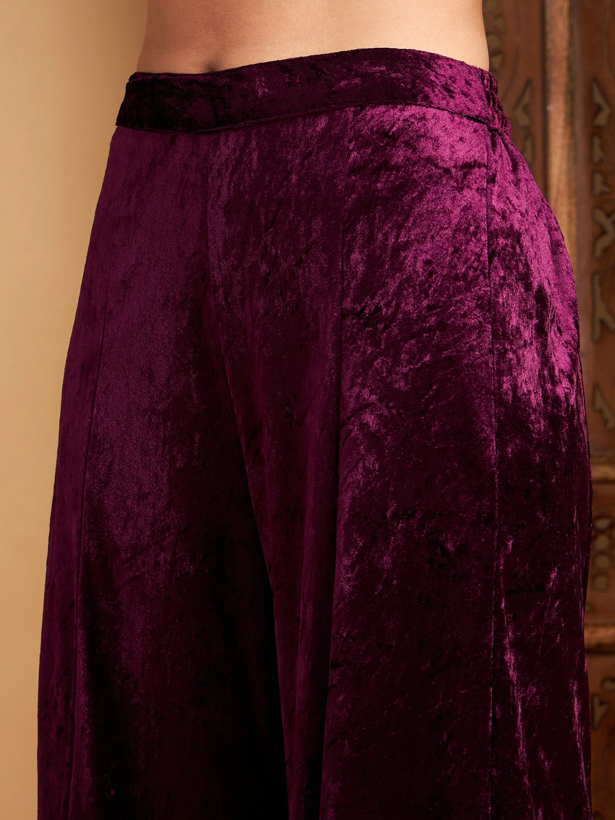 Women Purple Velvet Embroidered Top With Palazzos - Image 5