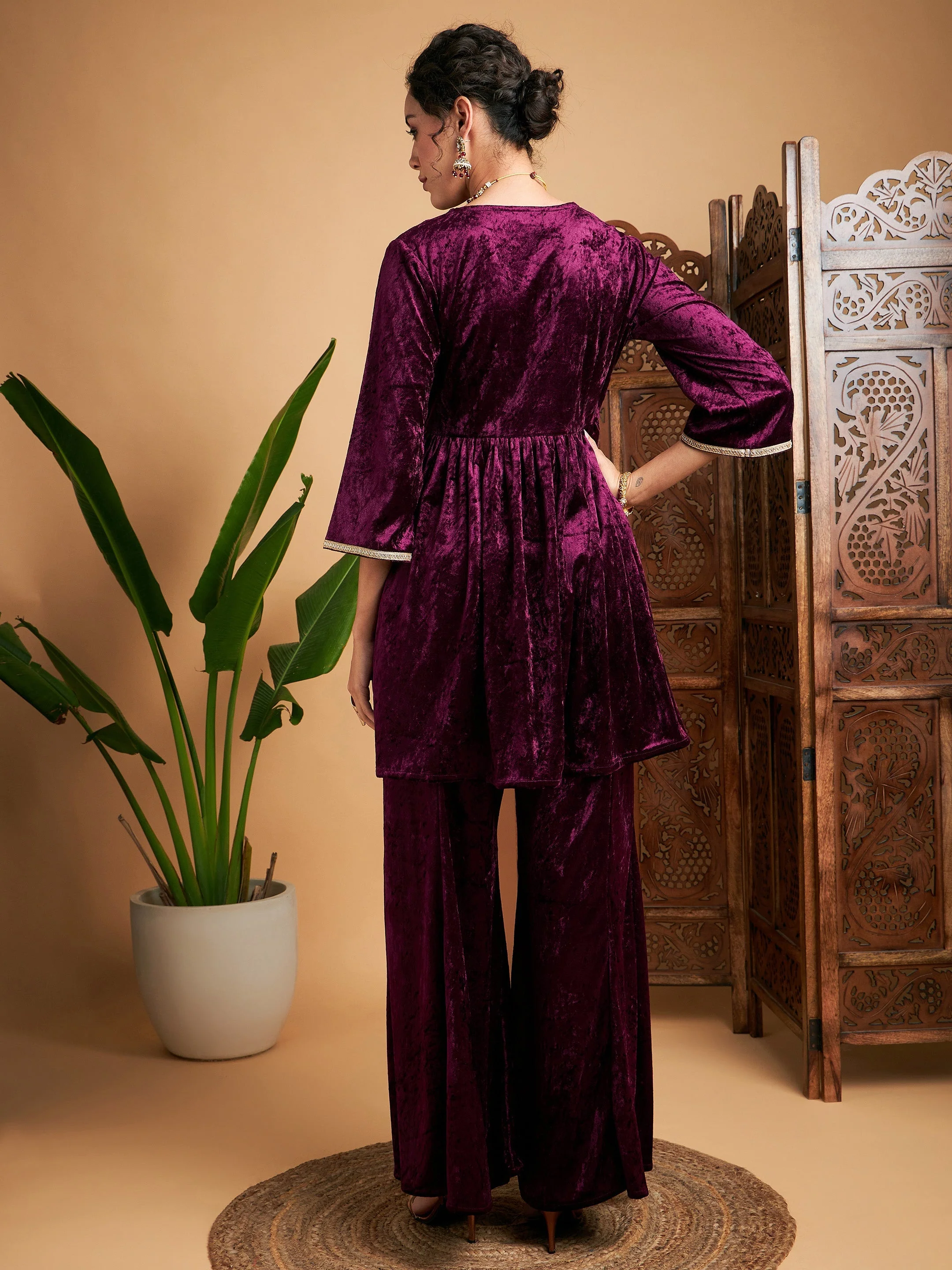 Women Purple Velvet Embroidered Top With Palazzos - Image 6