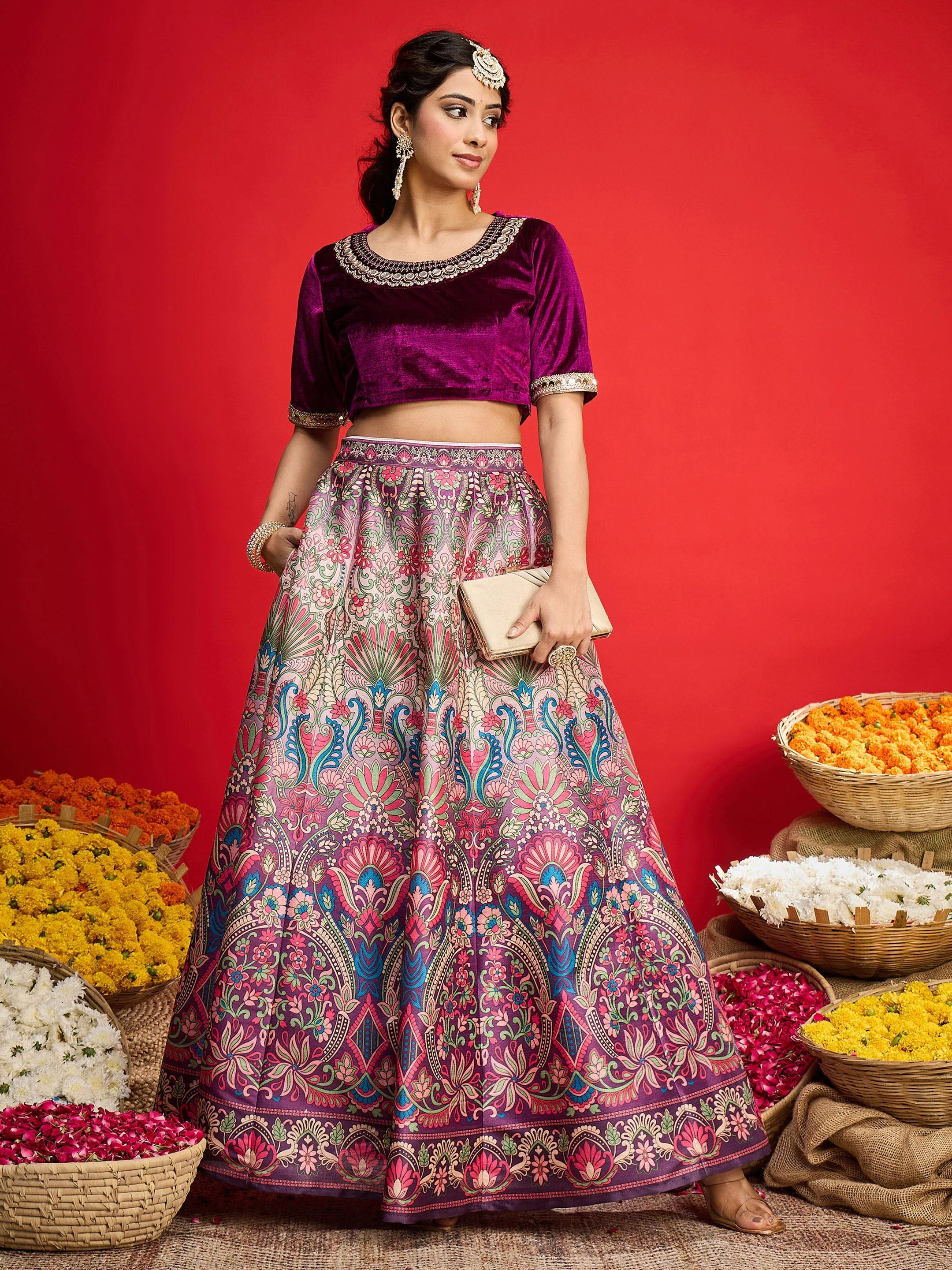 Women Purple Velvet Top With Anarkali Skirt - Image 2