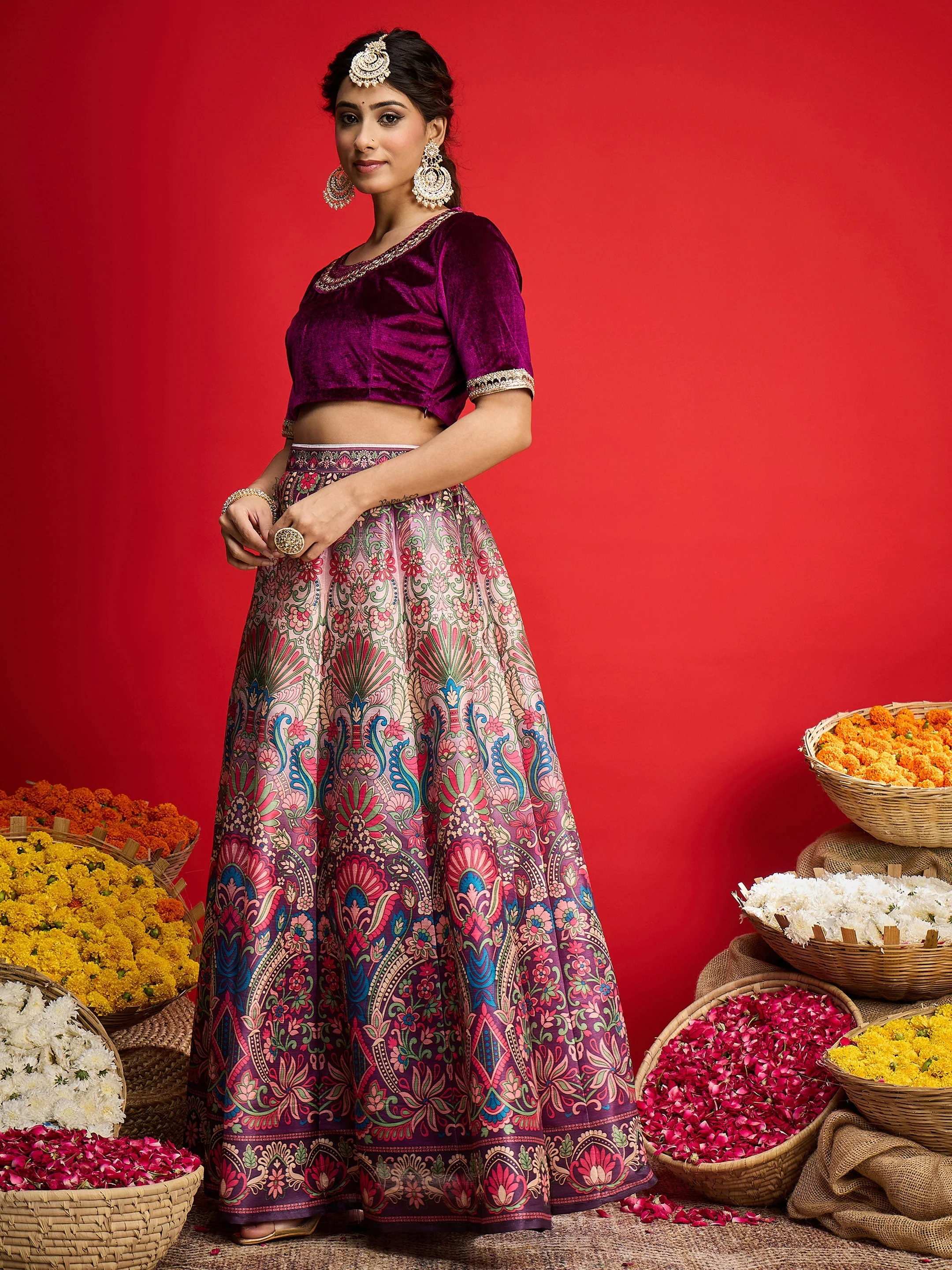 Women Purple Velvet Top With Anarkali Skirt - Image 3