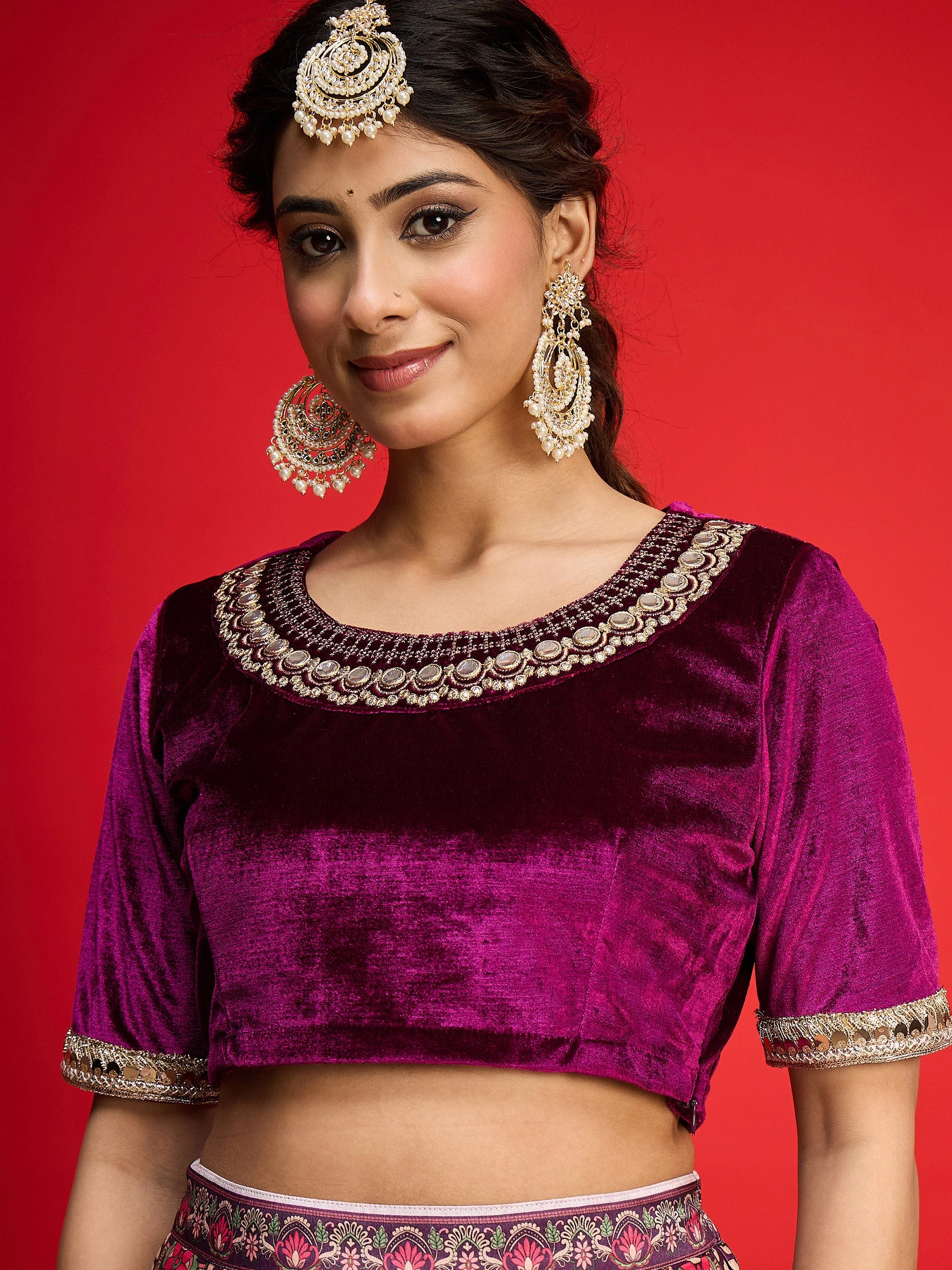 Women Purple Velvet Top With Anarkali Skirt - Image 4