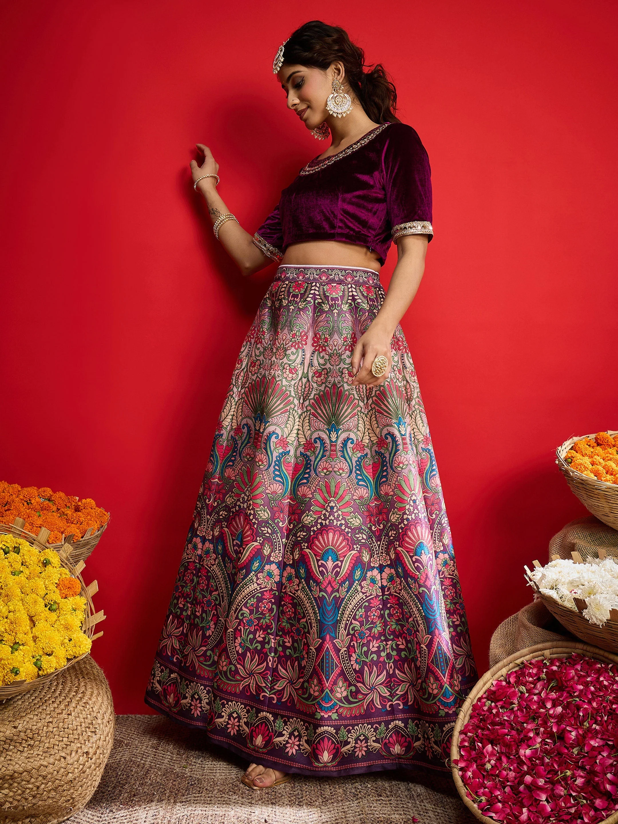 Women Purple Velvet Top With Anarkali Skirt - Image 5