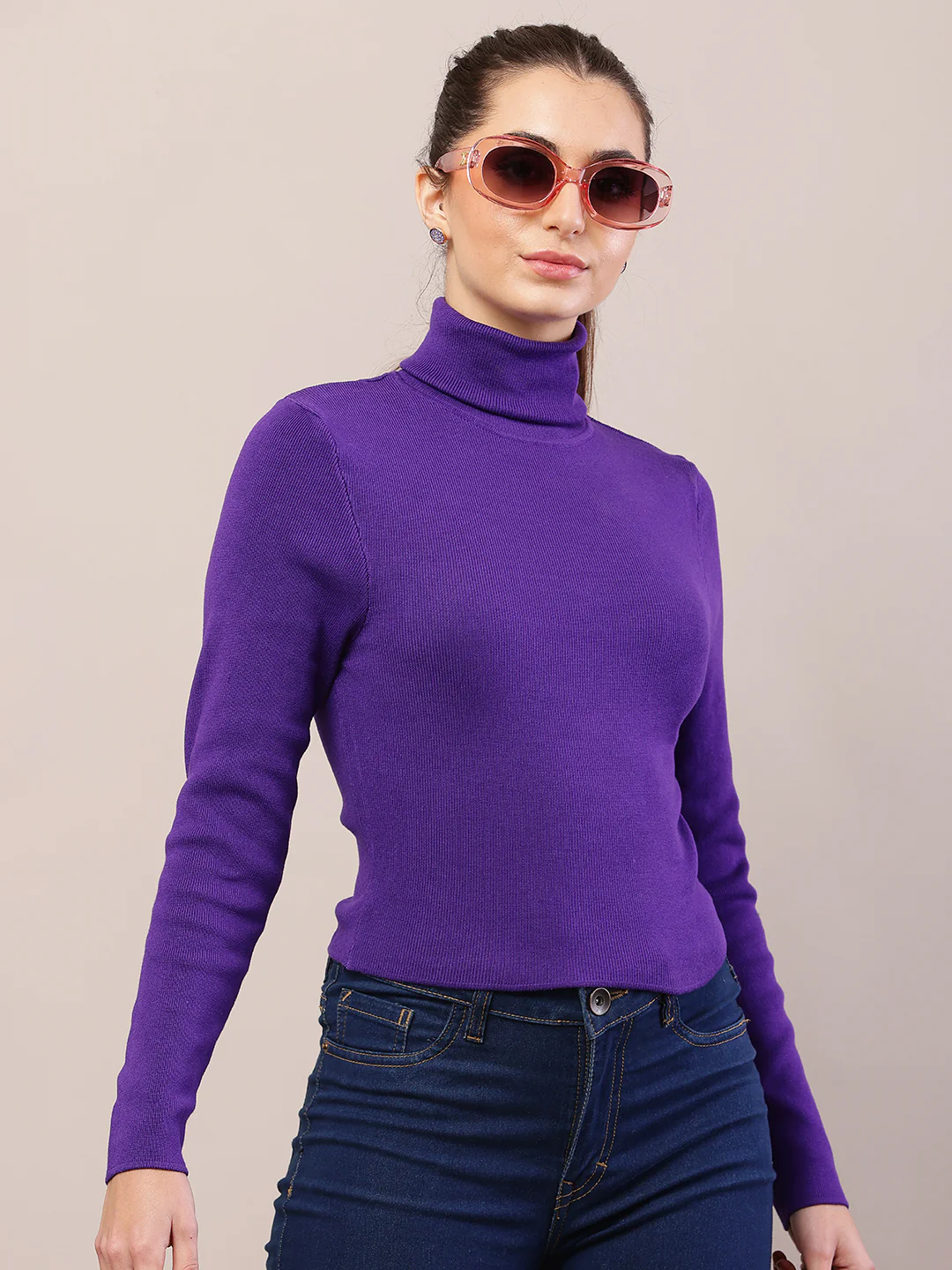 Women purple viscose full sleeve high-neck sweater - Image 2