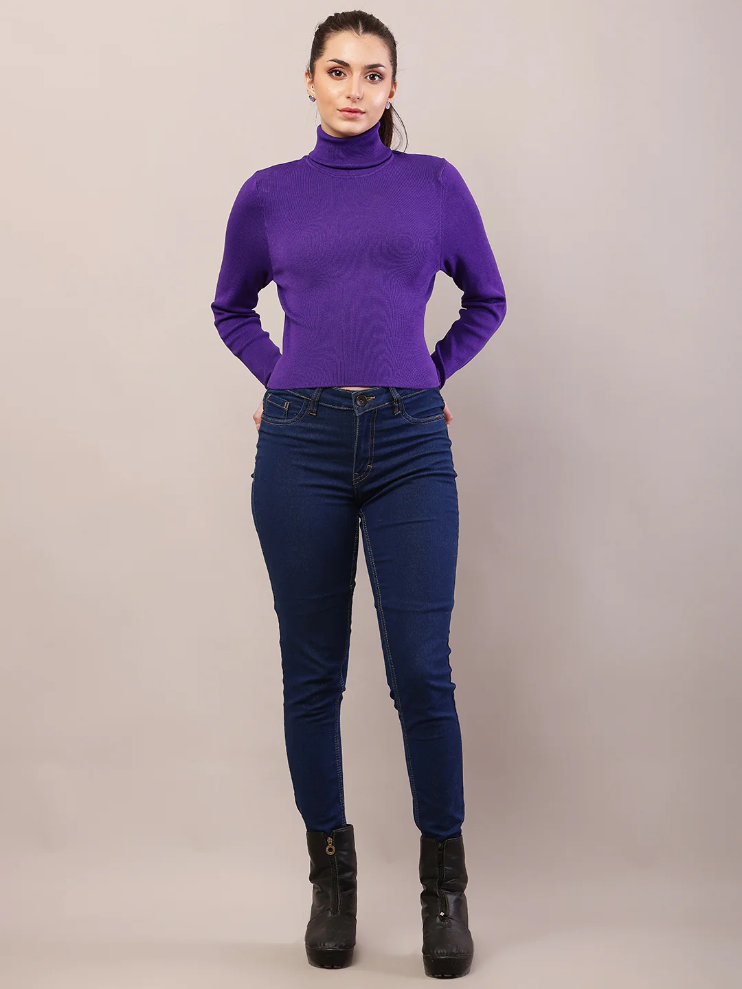 Women purple viscose full sleeve high-neck sweater - Image 3