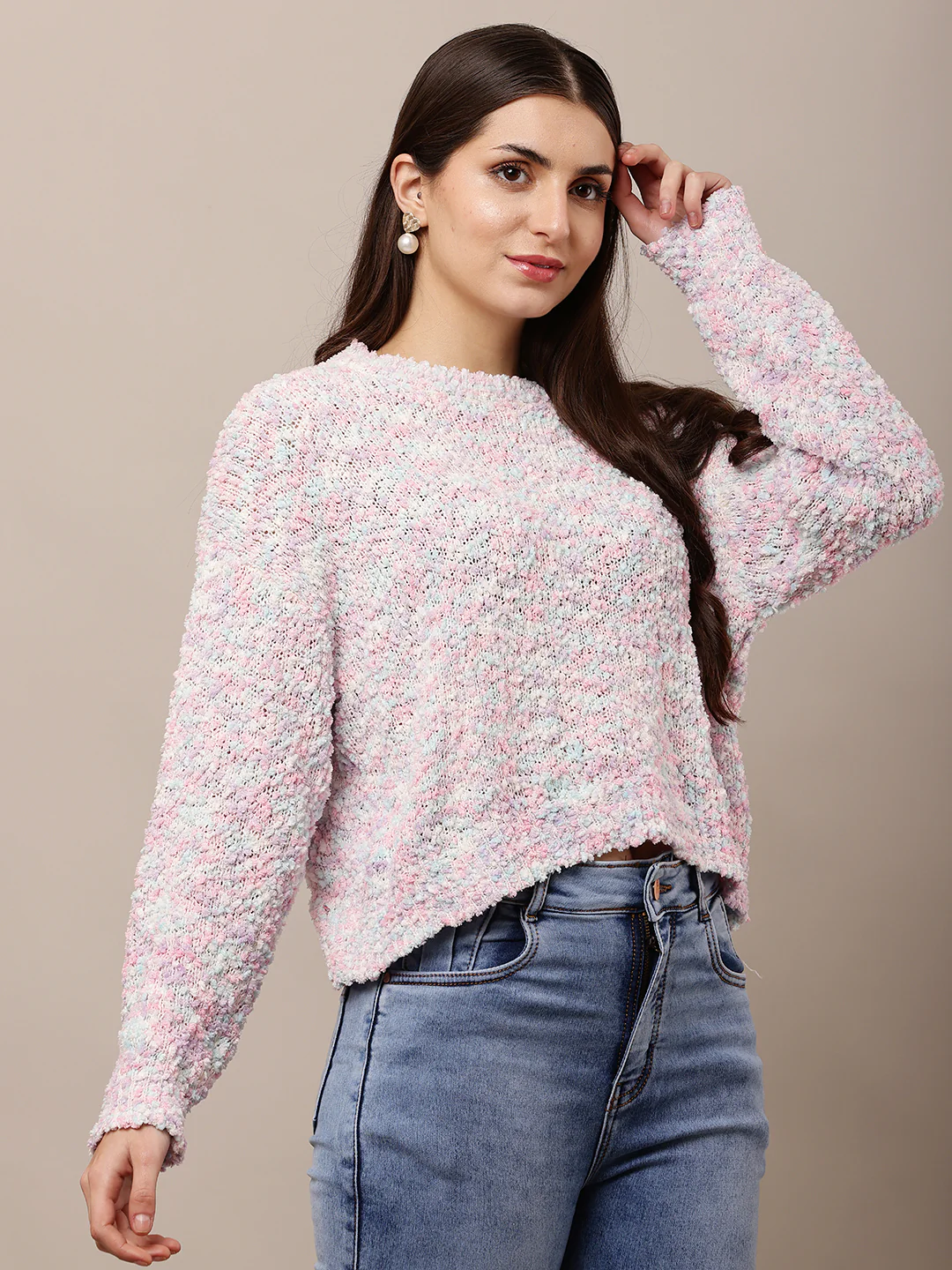 Women Rainbow Round Neck Full Sleeve Sweater