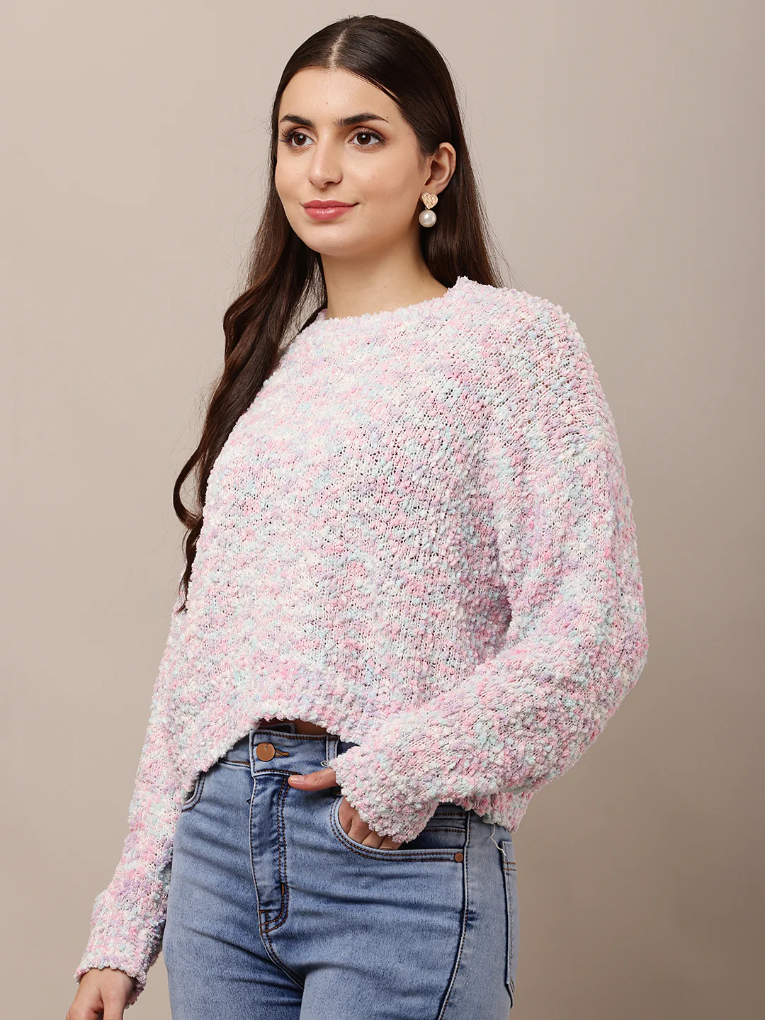 Women Rainbow Round Neck Full Sleeve Sweater - Image 2