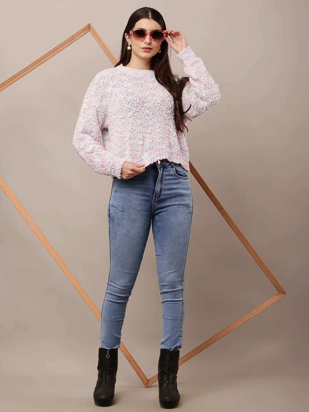 Women Rainbow Round Neck Full Sleeve Sweater - Image 3