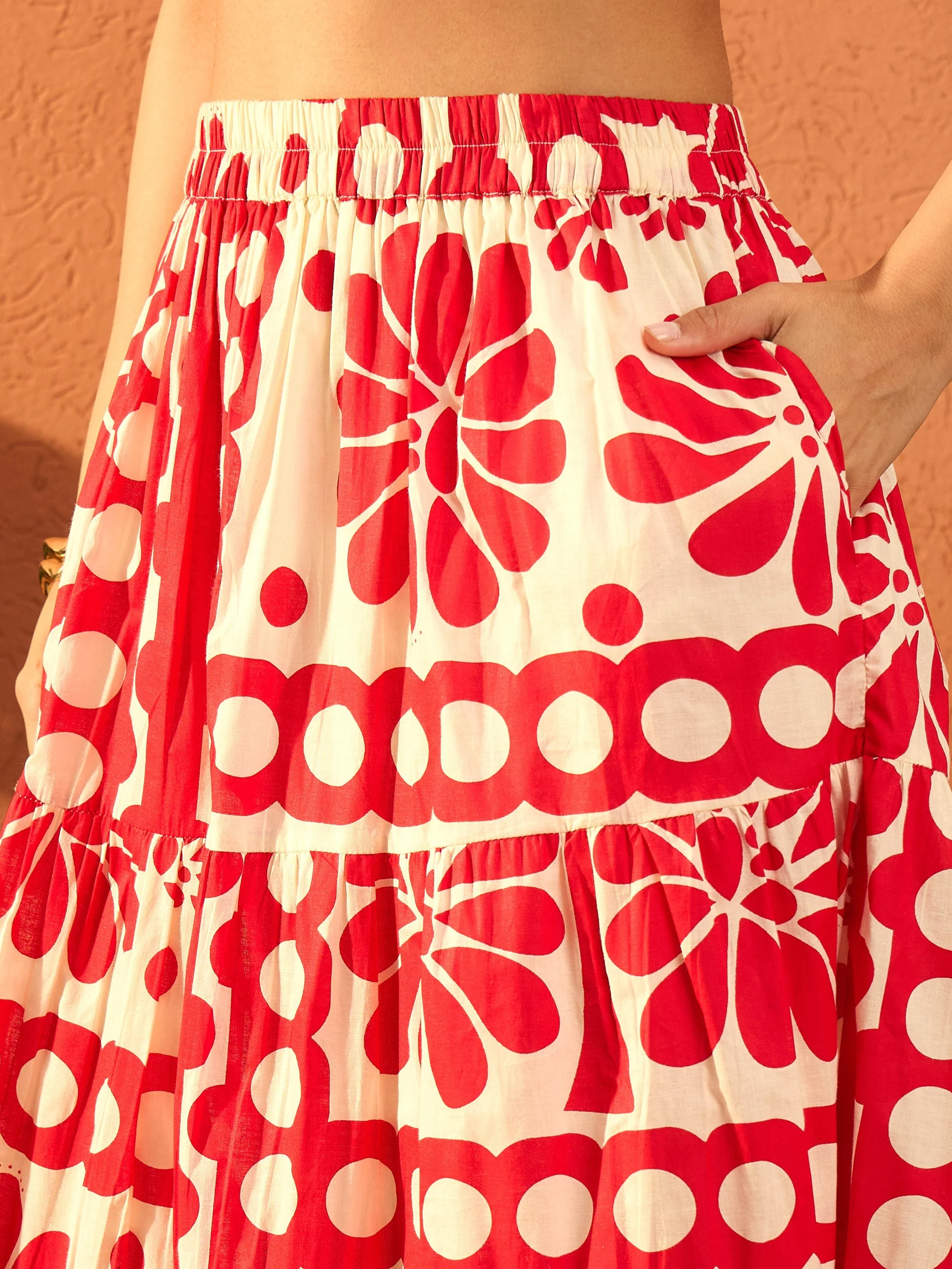 Women Red & Beige Floral Tube Top With Tiered Skirt - Image 2