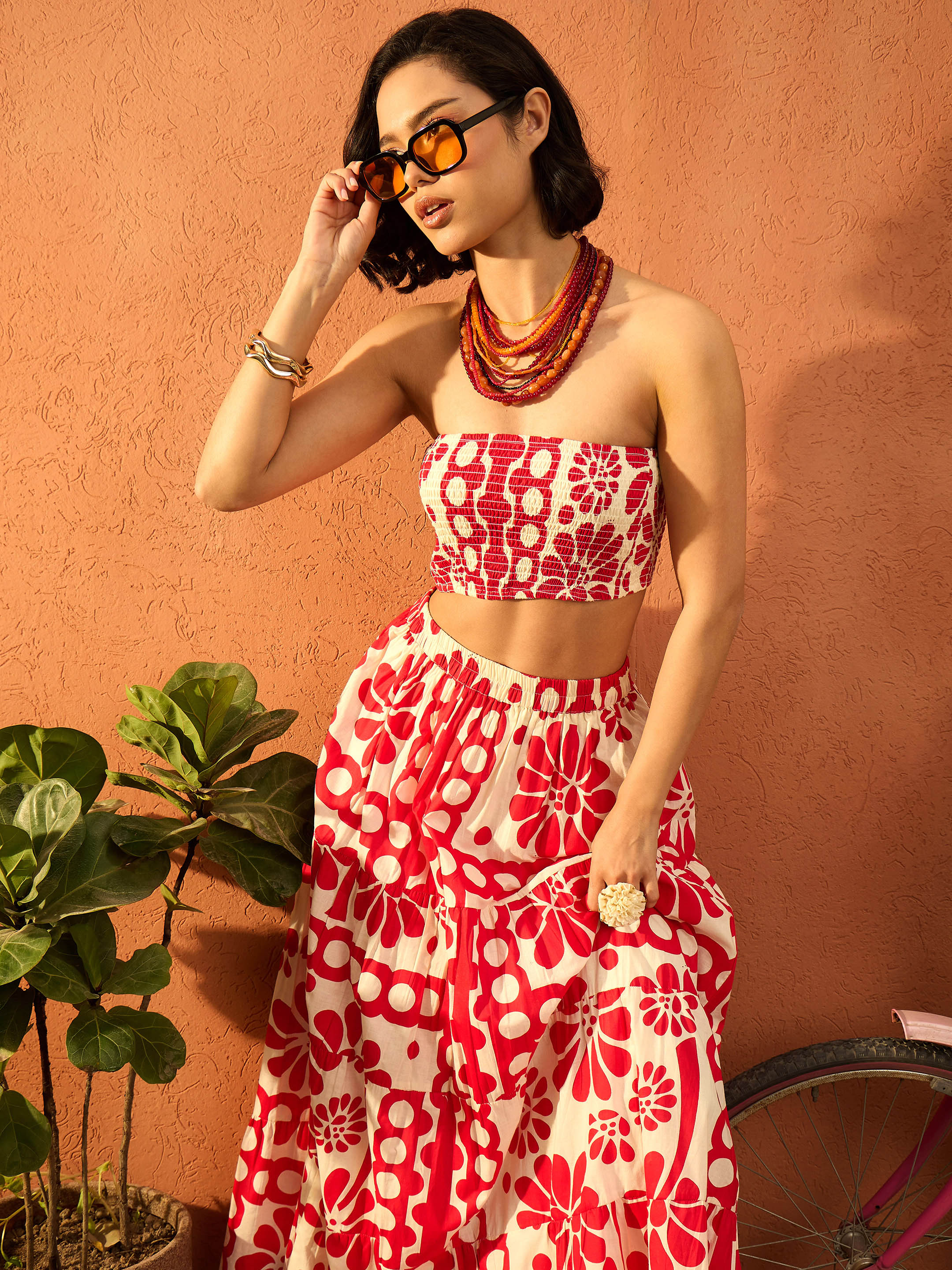 Women Red & Beige Floral Tube Top With Tiered Skirt - Image 3