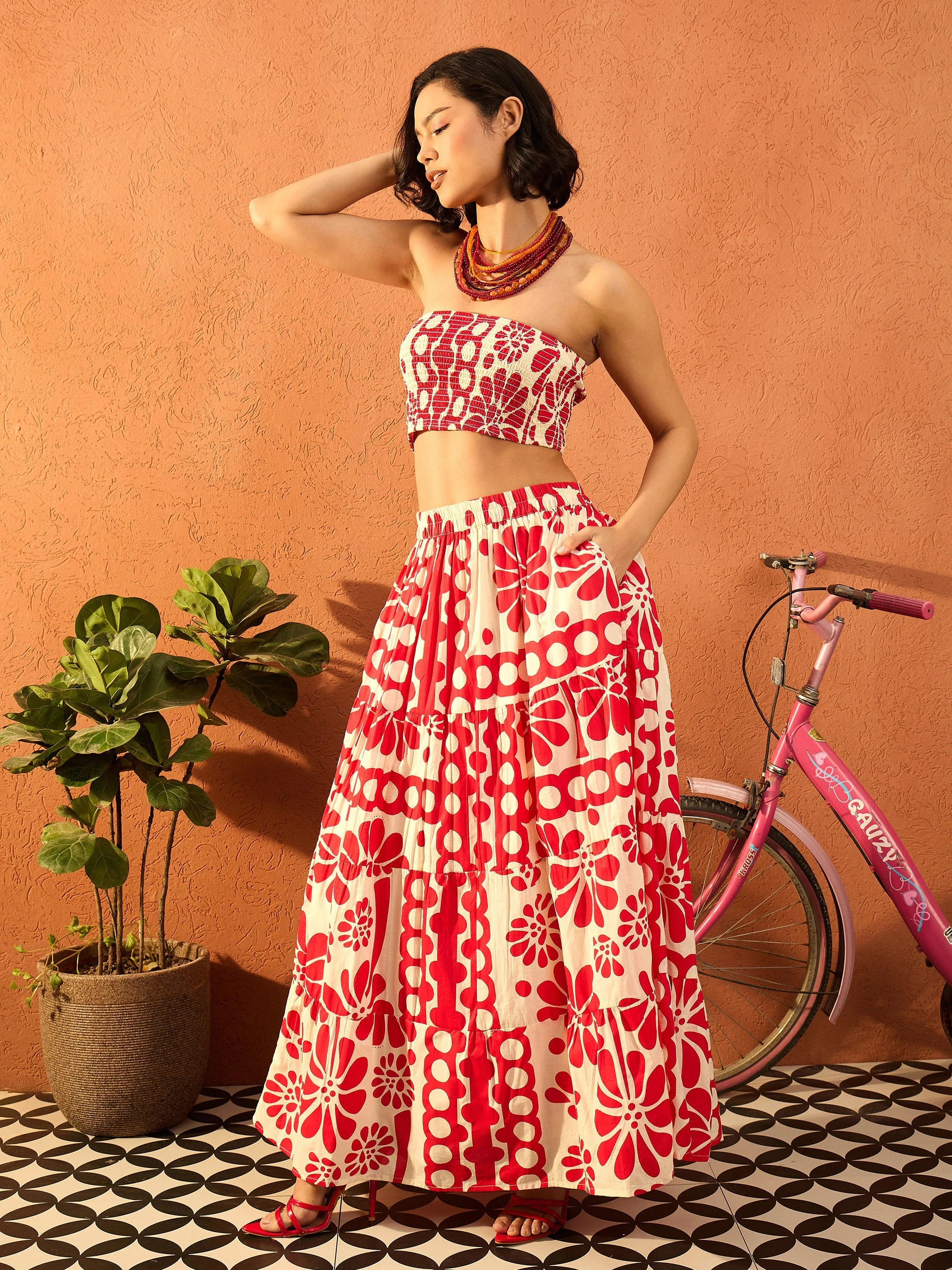 Women Red & Beige Floral Tube Top With Tiered Skirt - Image 4