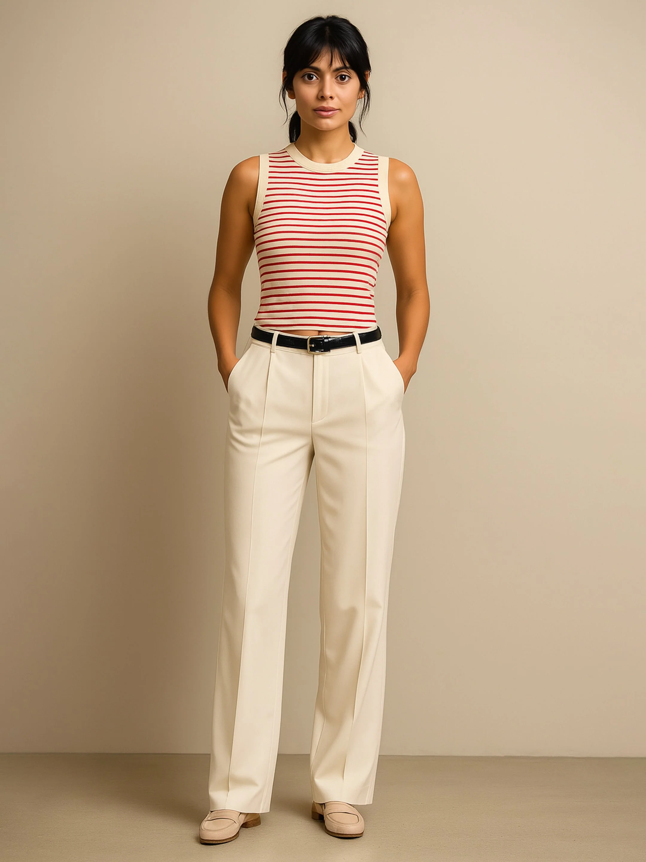 Women Red & Beige Striped Sleeveless Crop Baby Tee - Image 2