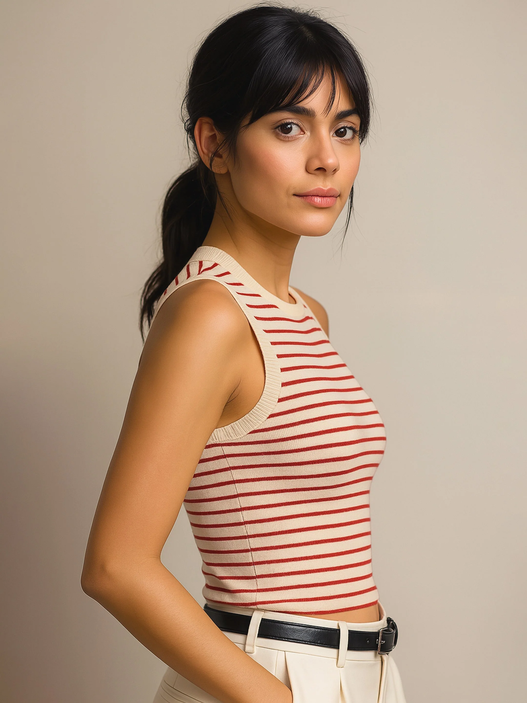 Women Red & Beige Striped Sleeveless Crop Baby Tee - Image 3