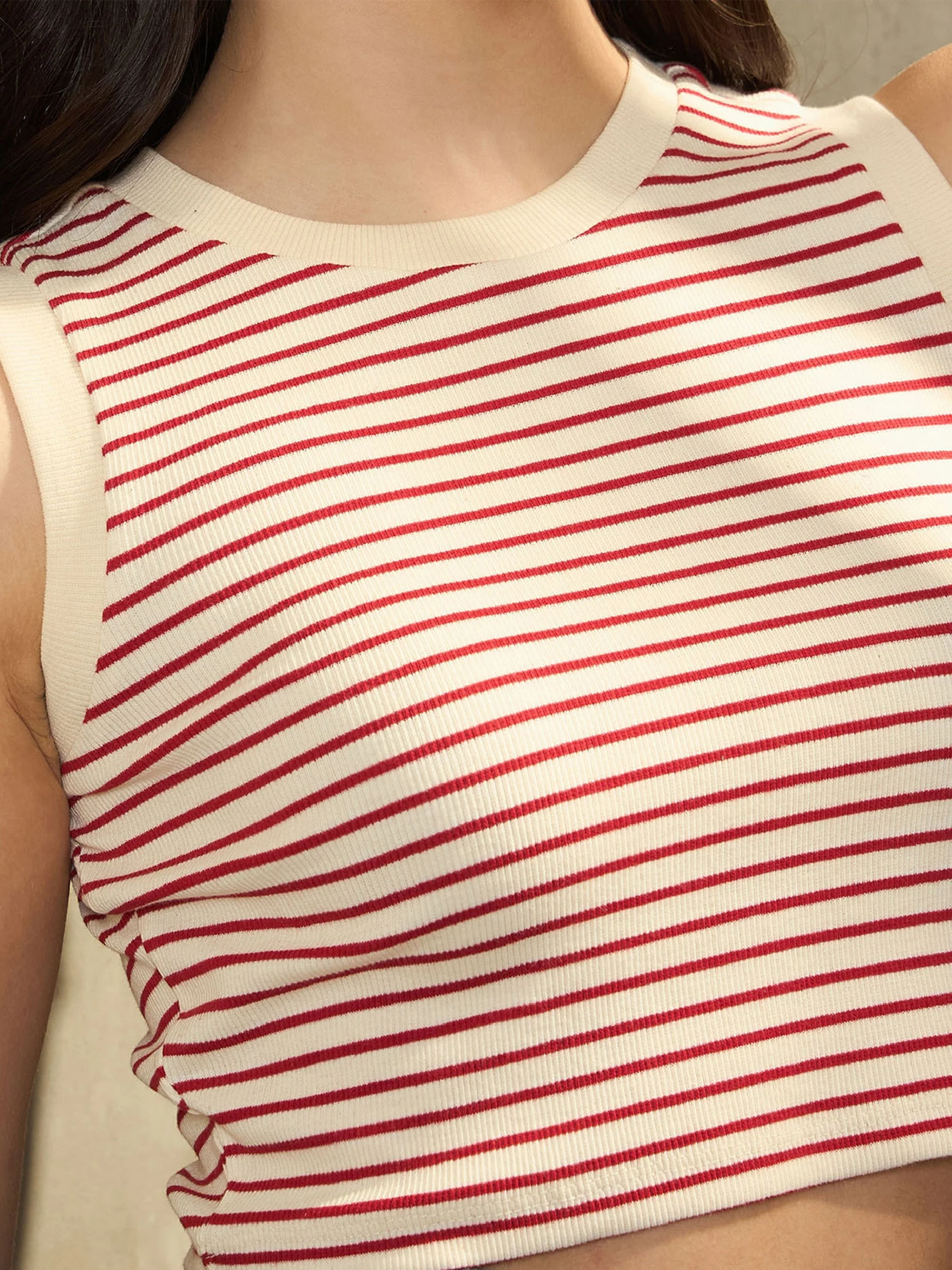 Women Red & Beige Striped Sleeveless Crop Baby Tee - Image 4