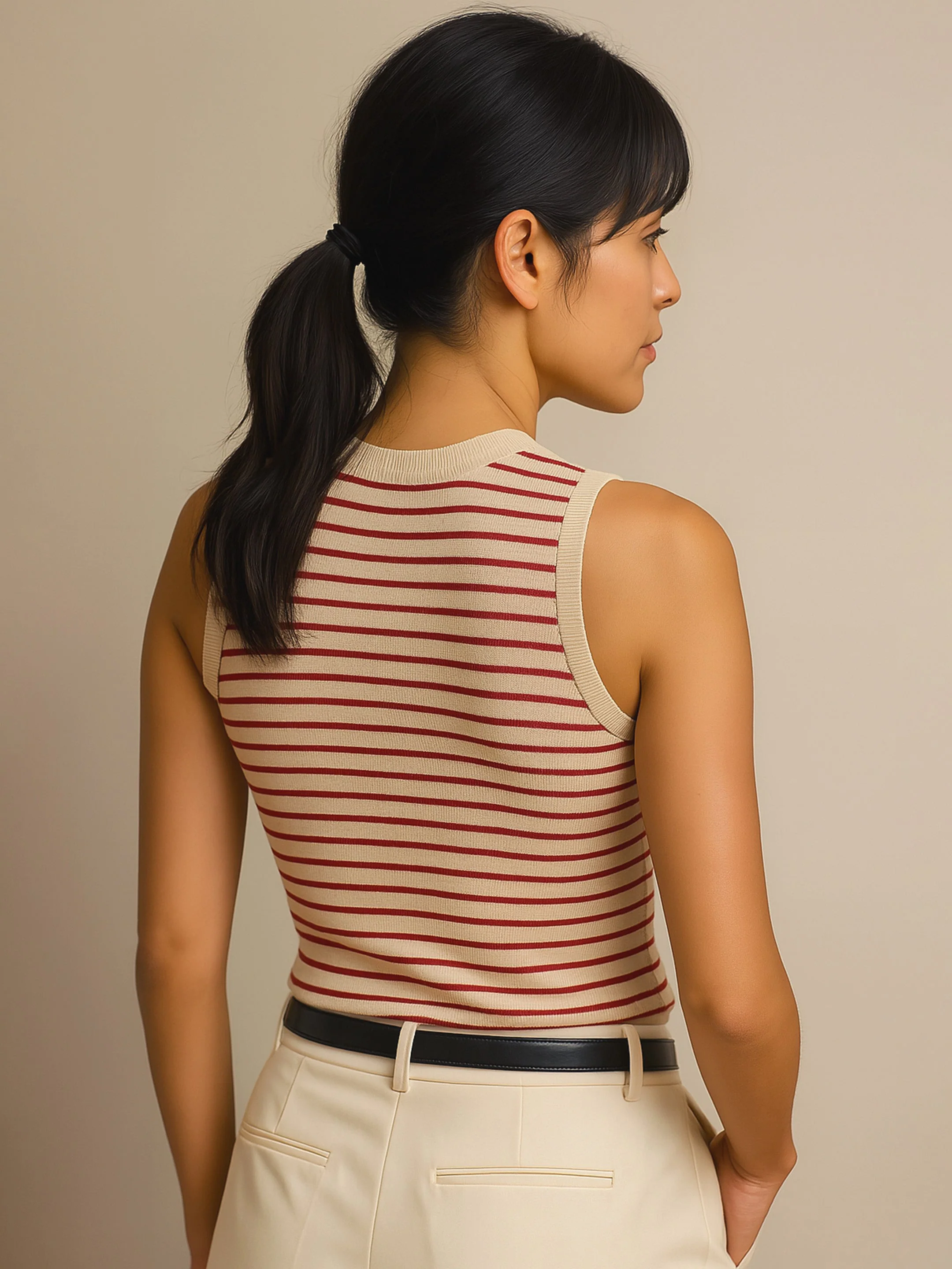Women Red & Beige Striped Sleeveless Crop Baby Tee - Image 5