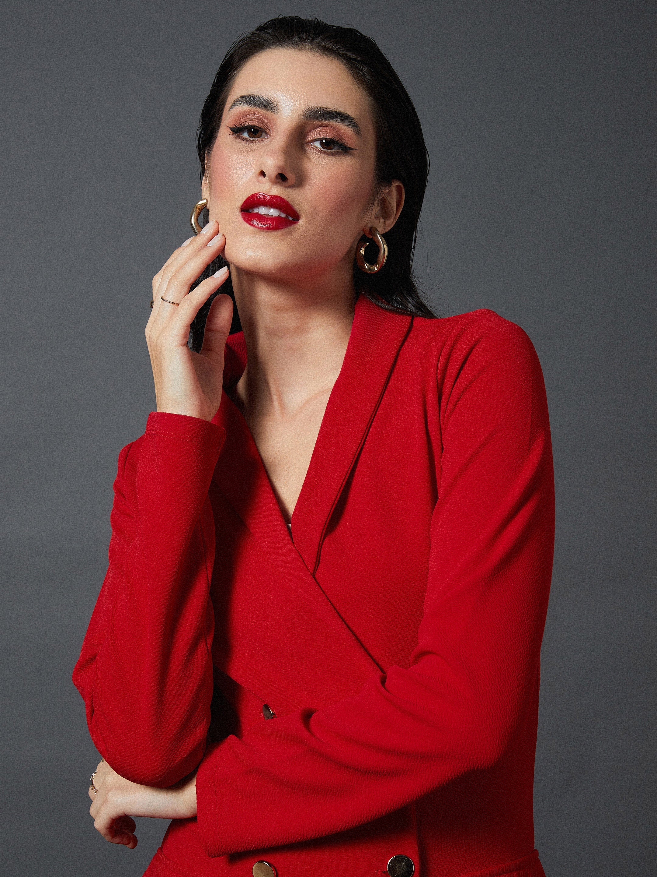 Women Red Blazer Dress - Image 3