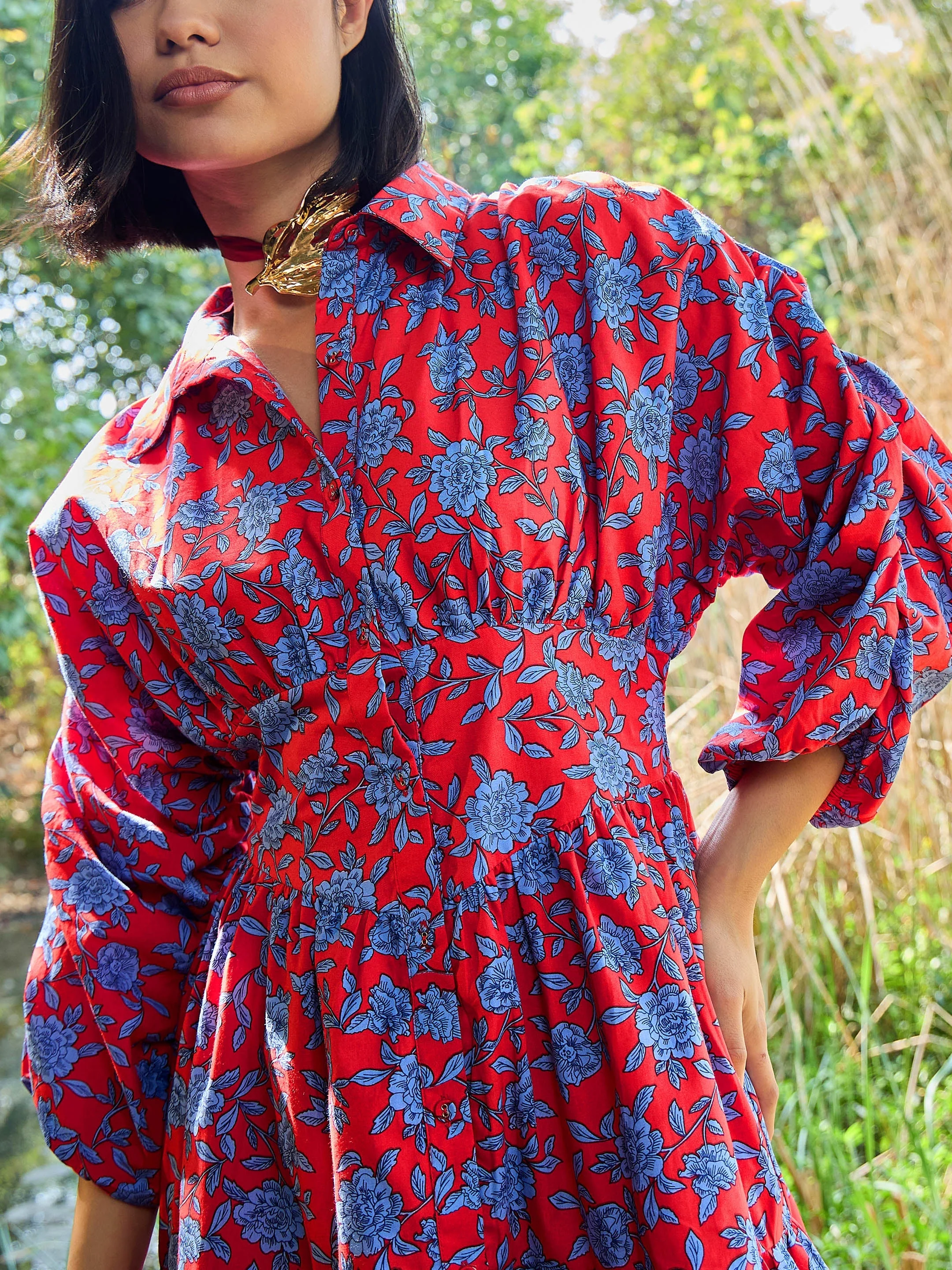 Women Red & Blue Floral Ruched Sleeves Short Dress - Image 3
