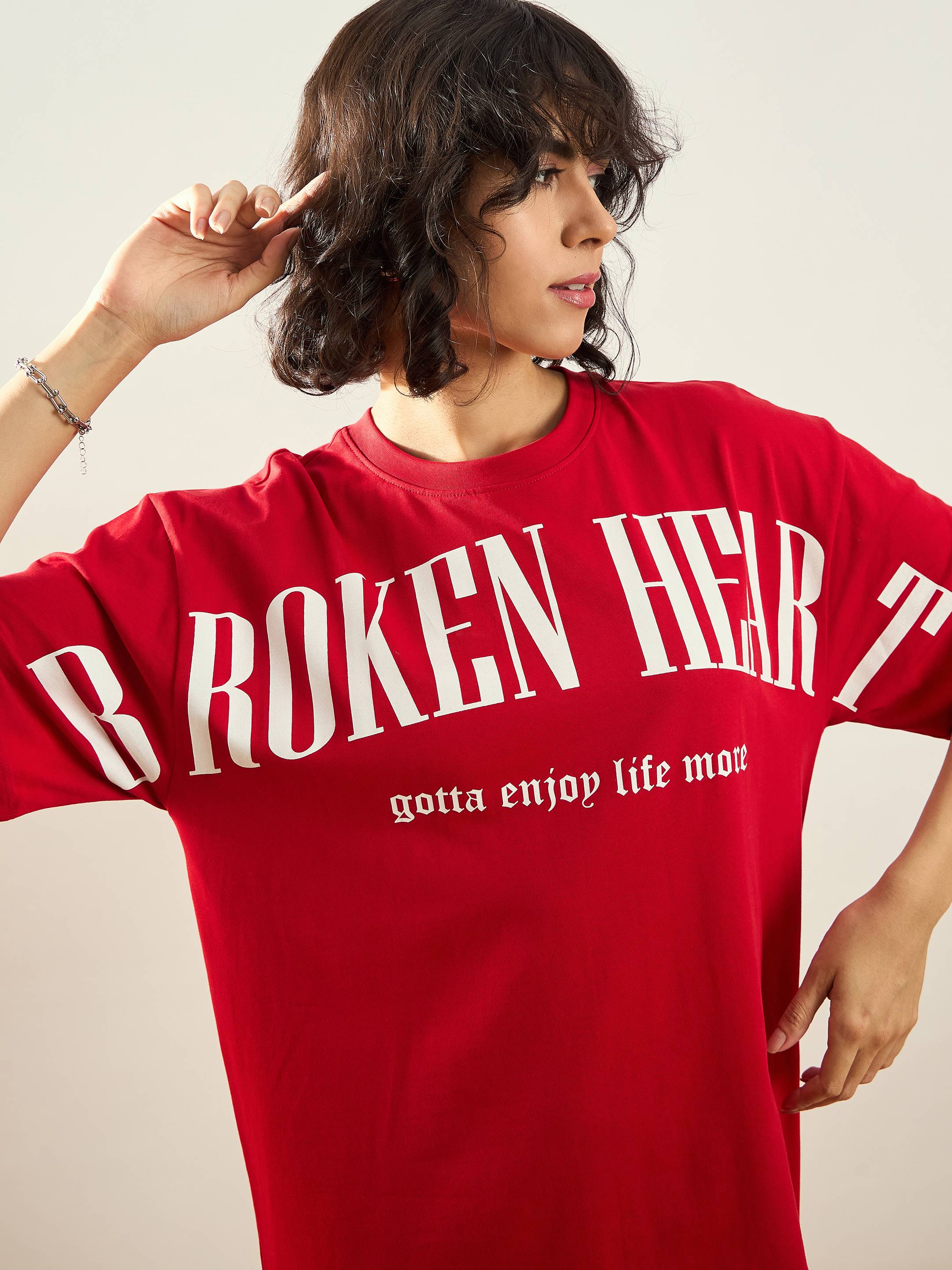 Women Red BROKEN HEART Printed T-Shirt Dress - Image 3
