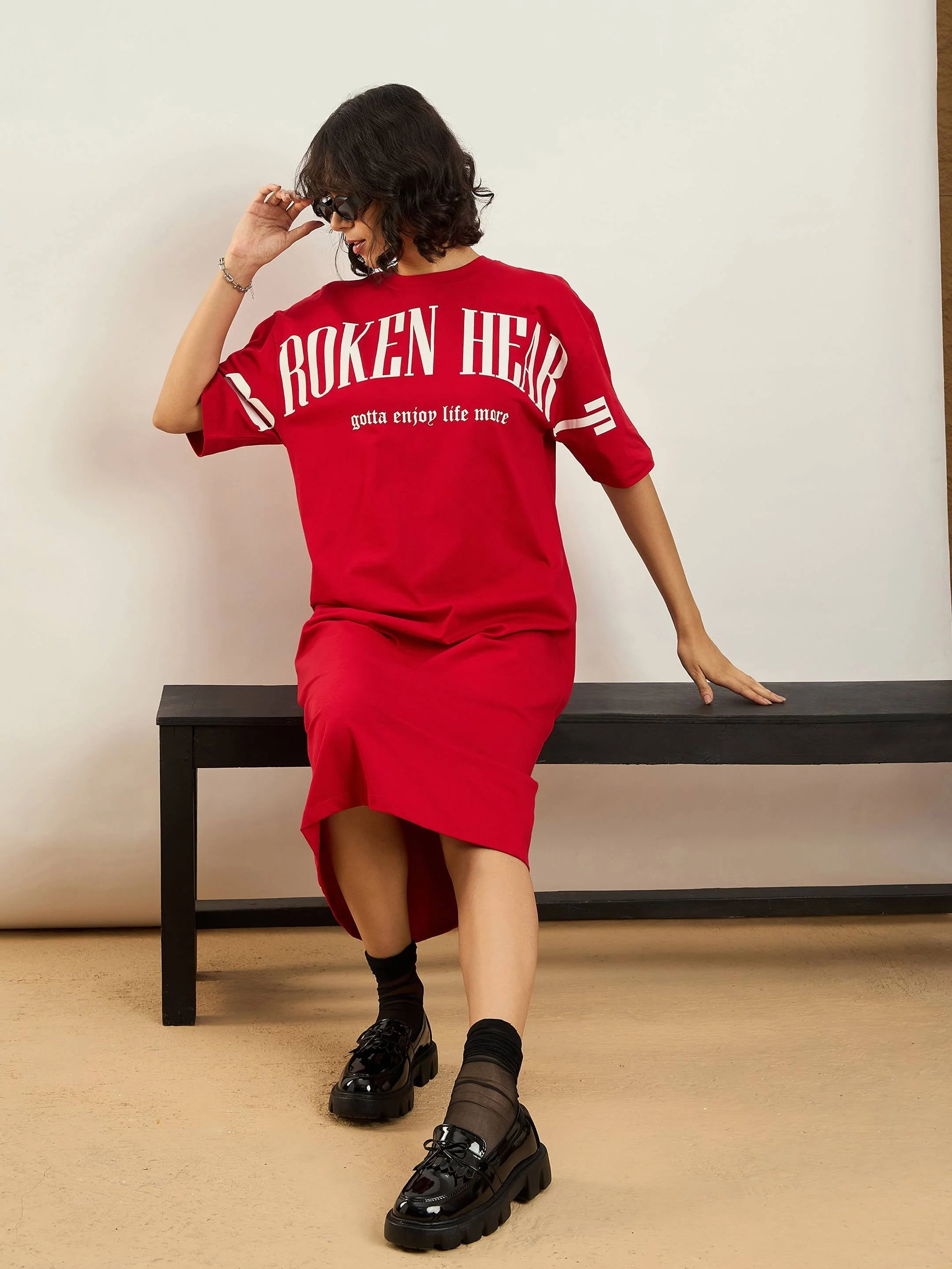 Women Red BROKEN HEART Printed T-Shirt Dress - Image 4