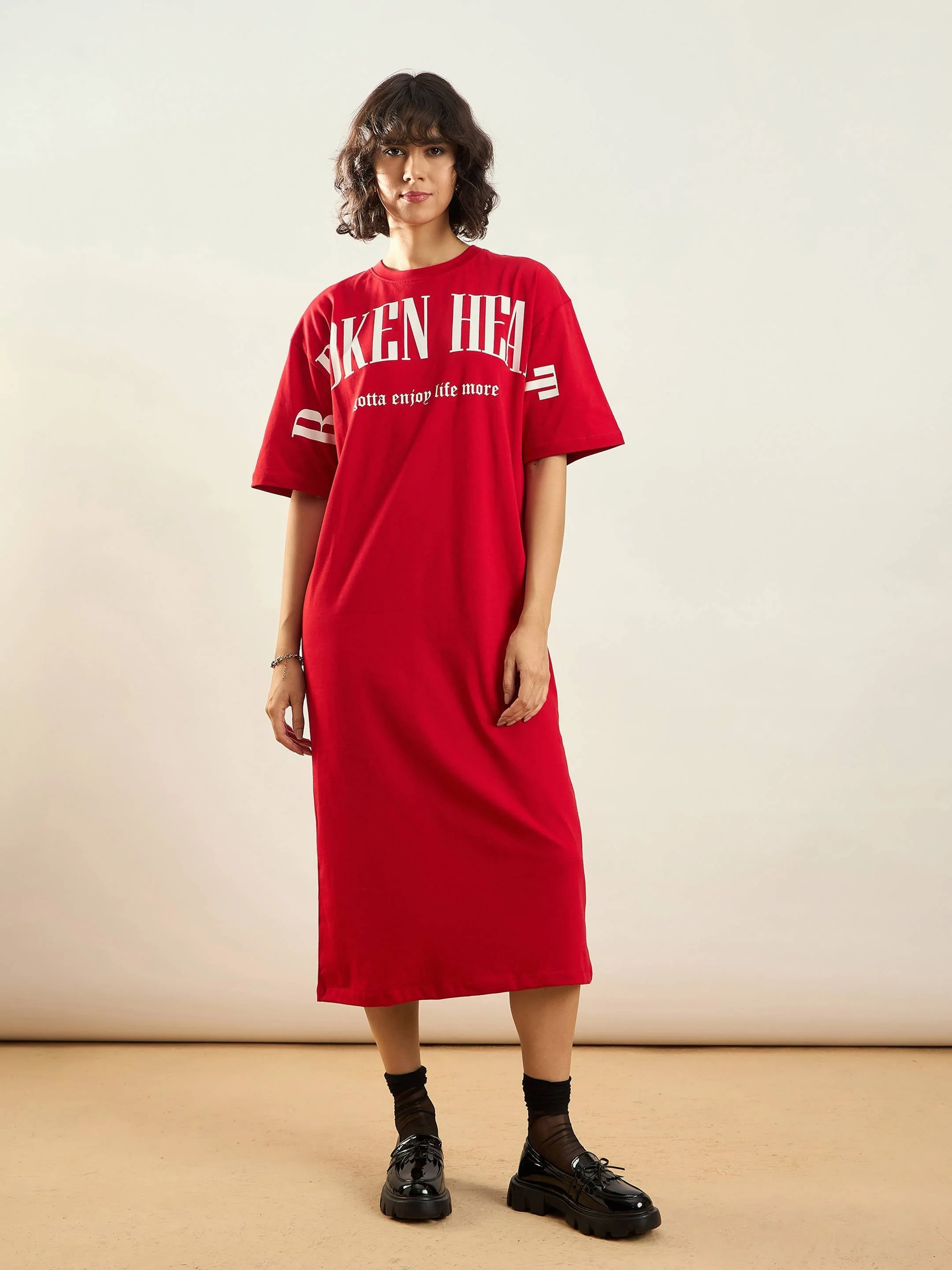 Women Red BROKEN HEART Printed T-Shirt Dress - Image 6