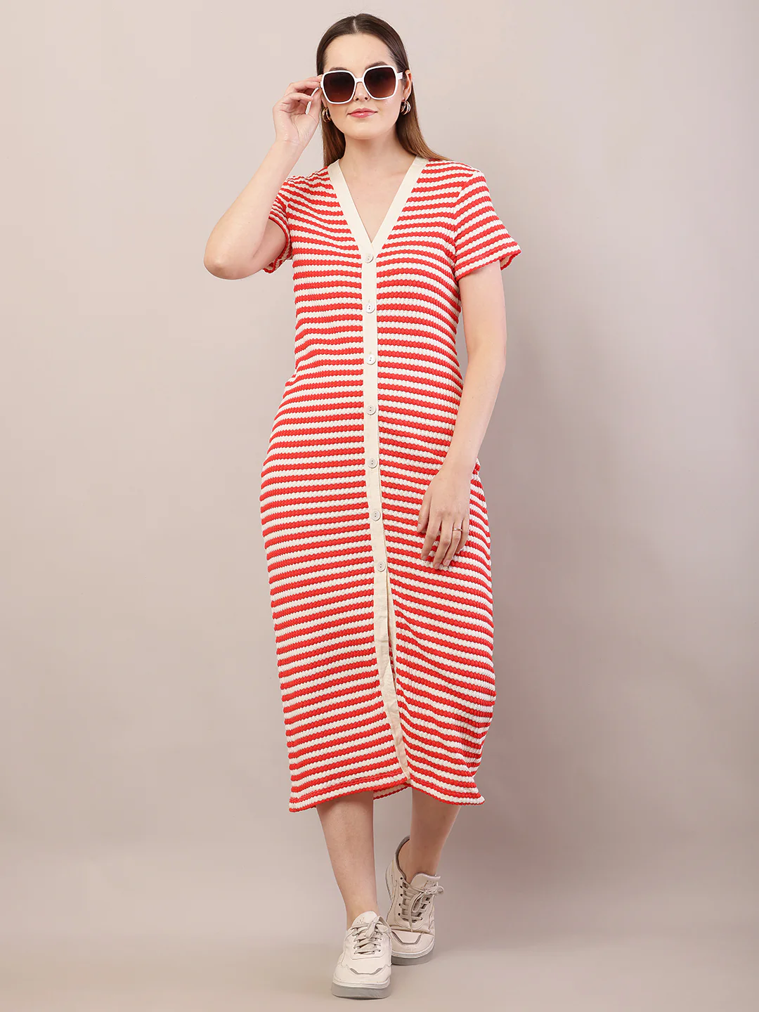 Women red button crochet cotton striped midi dress - Image 3