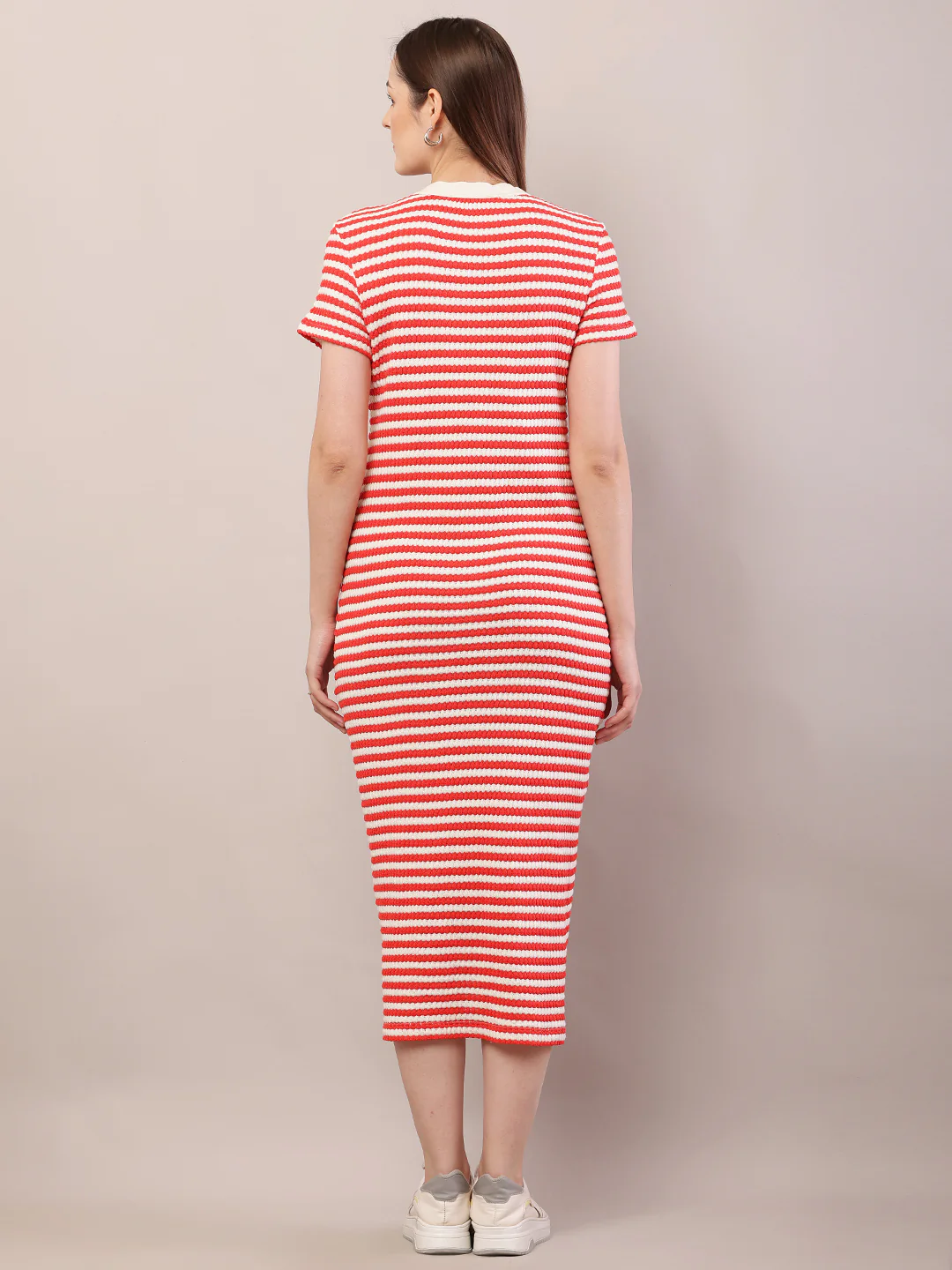 Women red button crochet cotton striped midi dress - Image 4