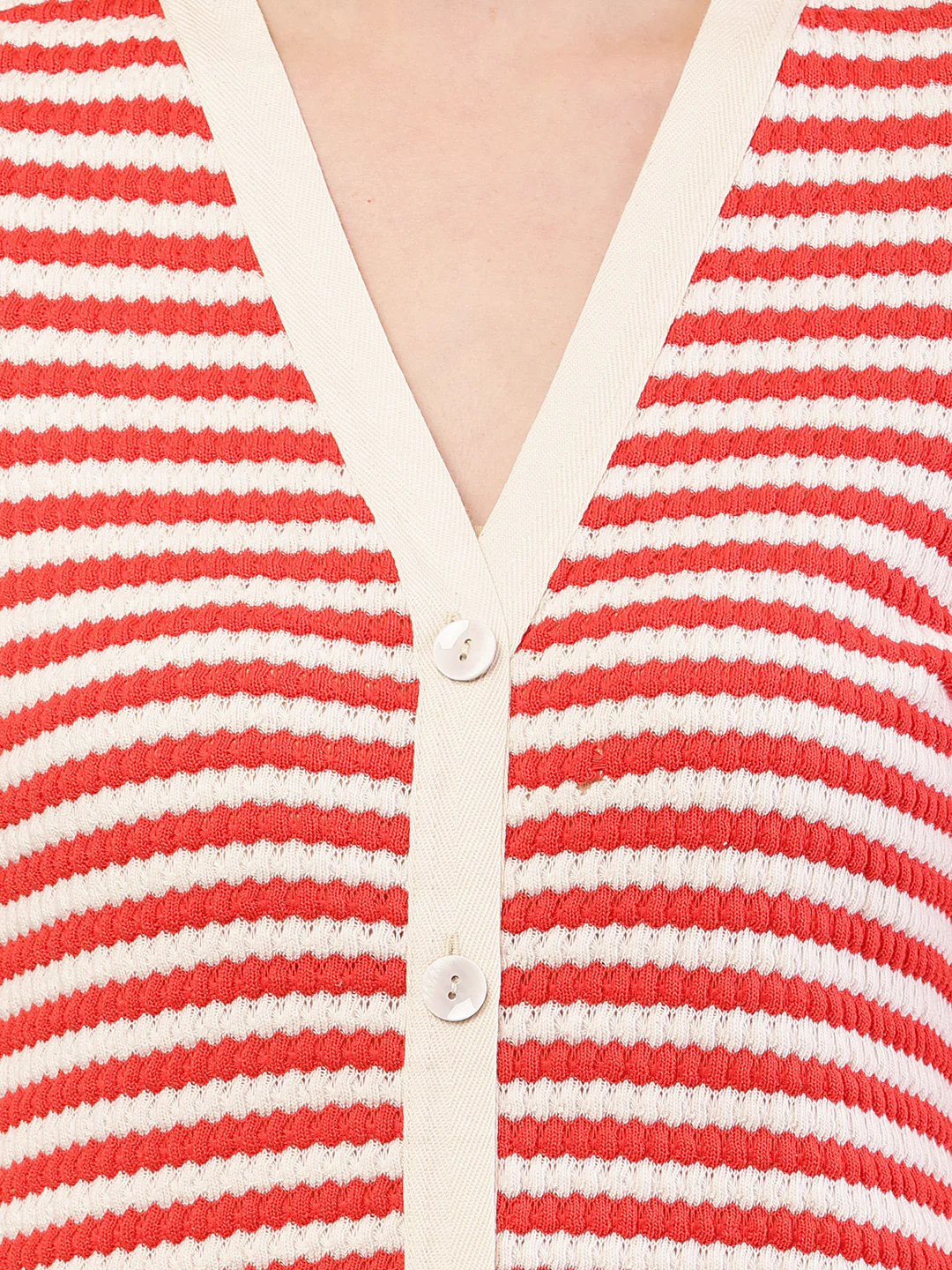 Women red button crochet cotton striped midi dress - Image 5