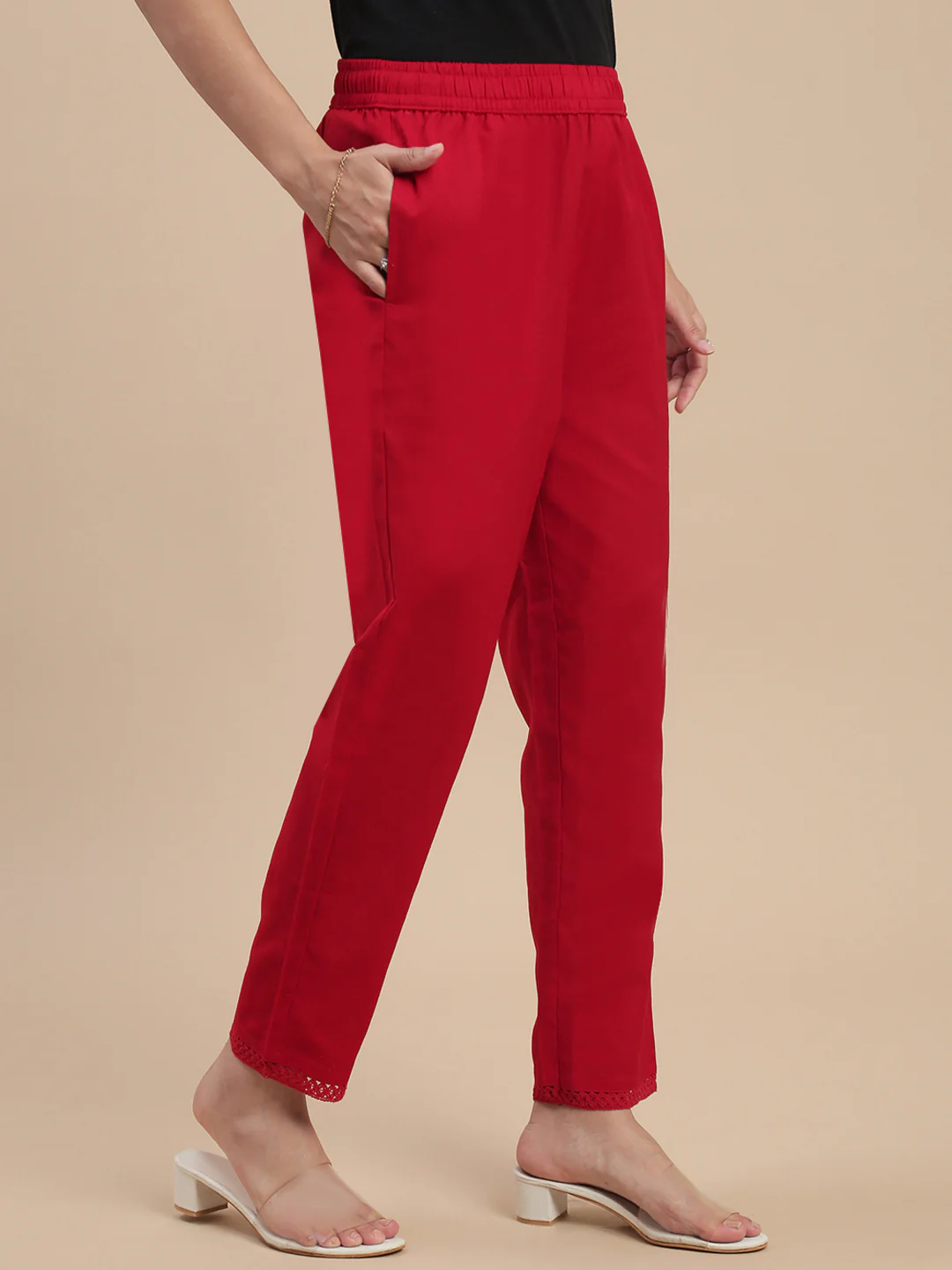 Women Red Cotton Lace Pants - Image 2