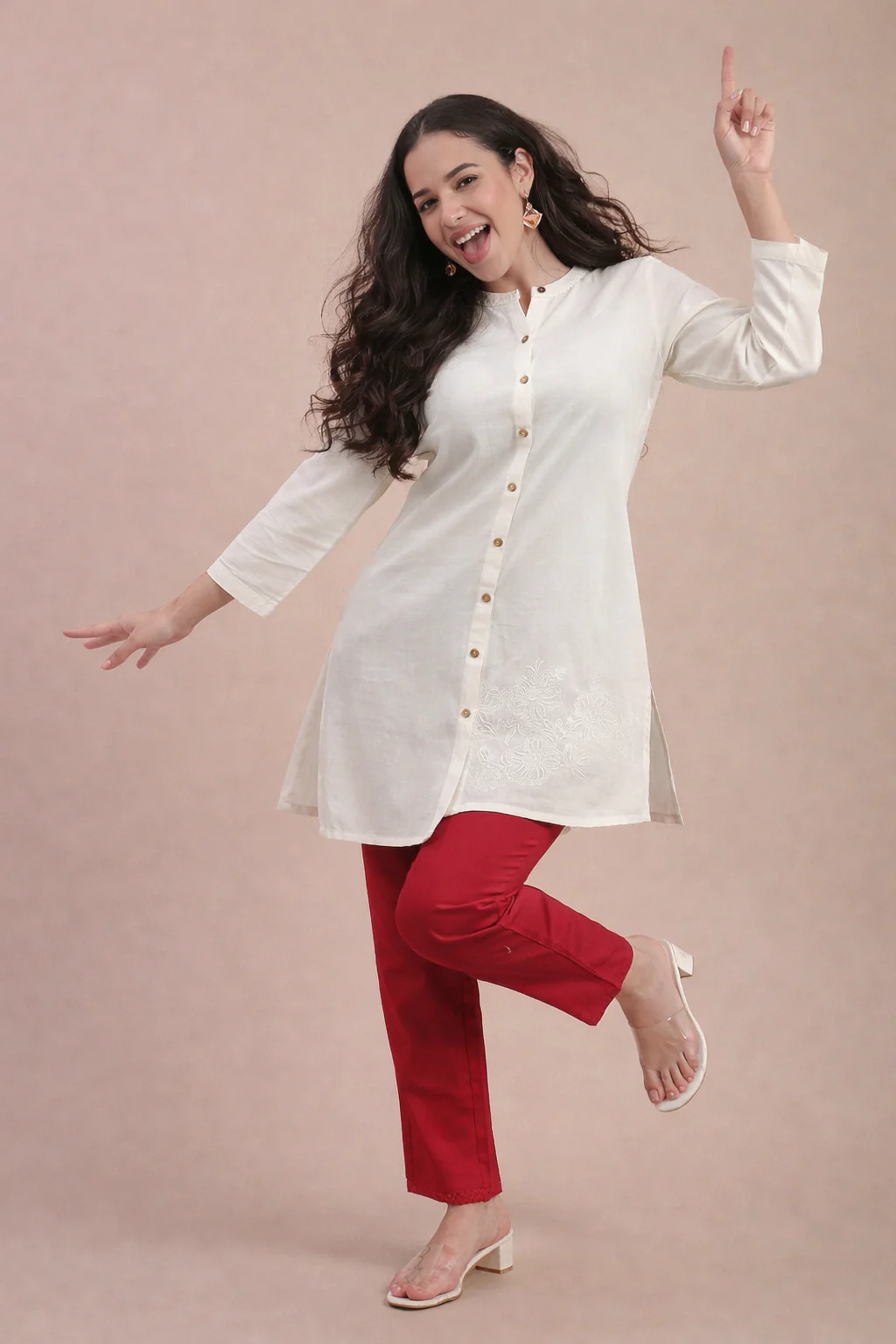Women Red Cotton Lace Pants - Image 4