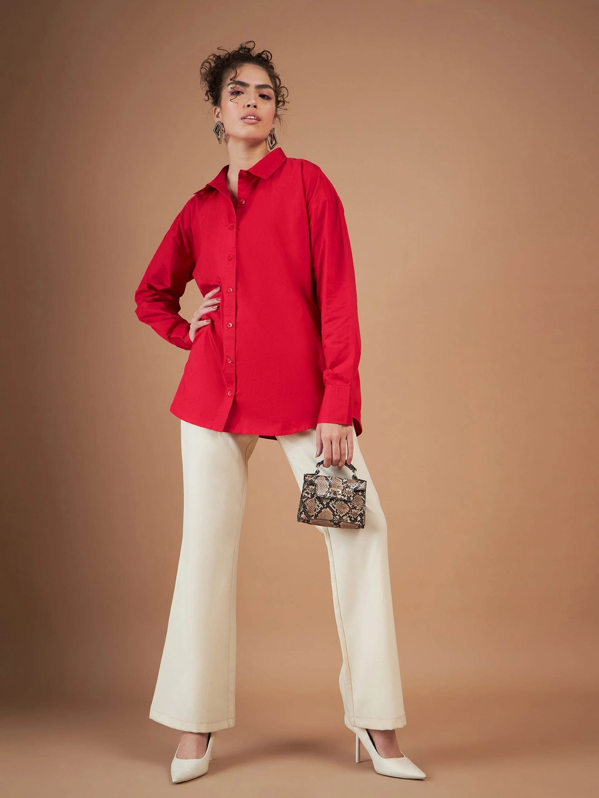 Women Red Cotton Poplin Oversized Shirt - Image 2