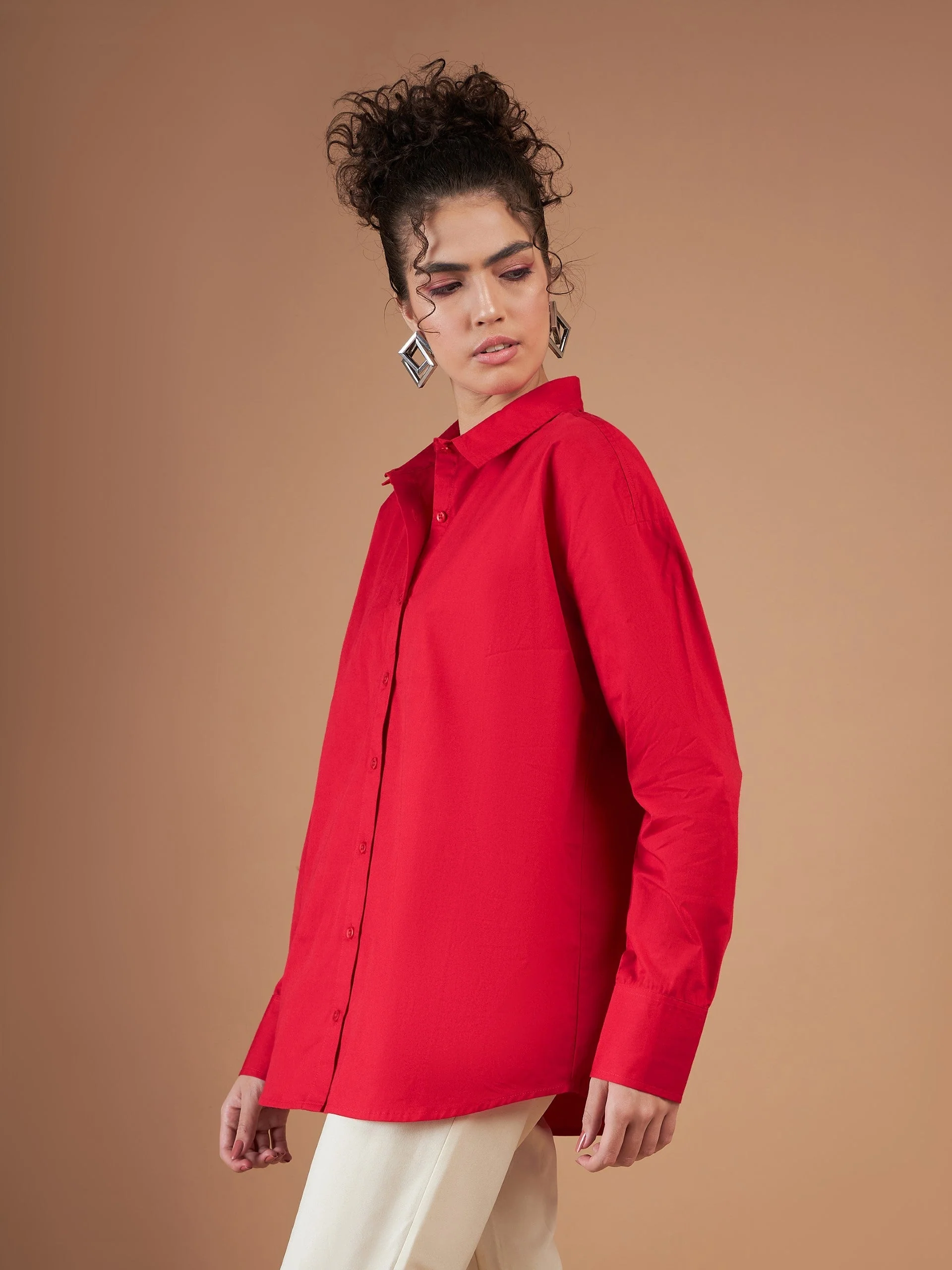 Women Red Cotton Poplin Oversized Shirt - Image 3