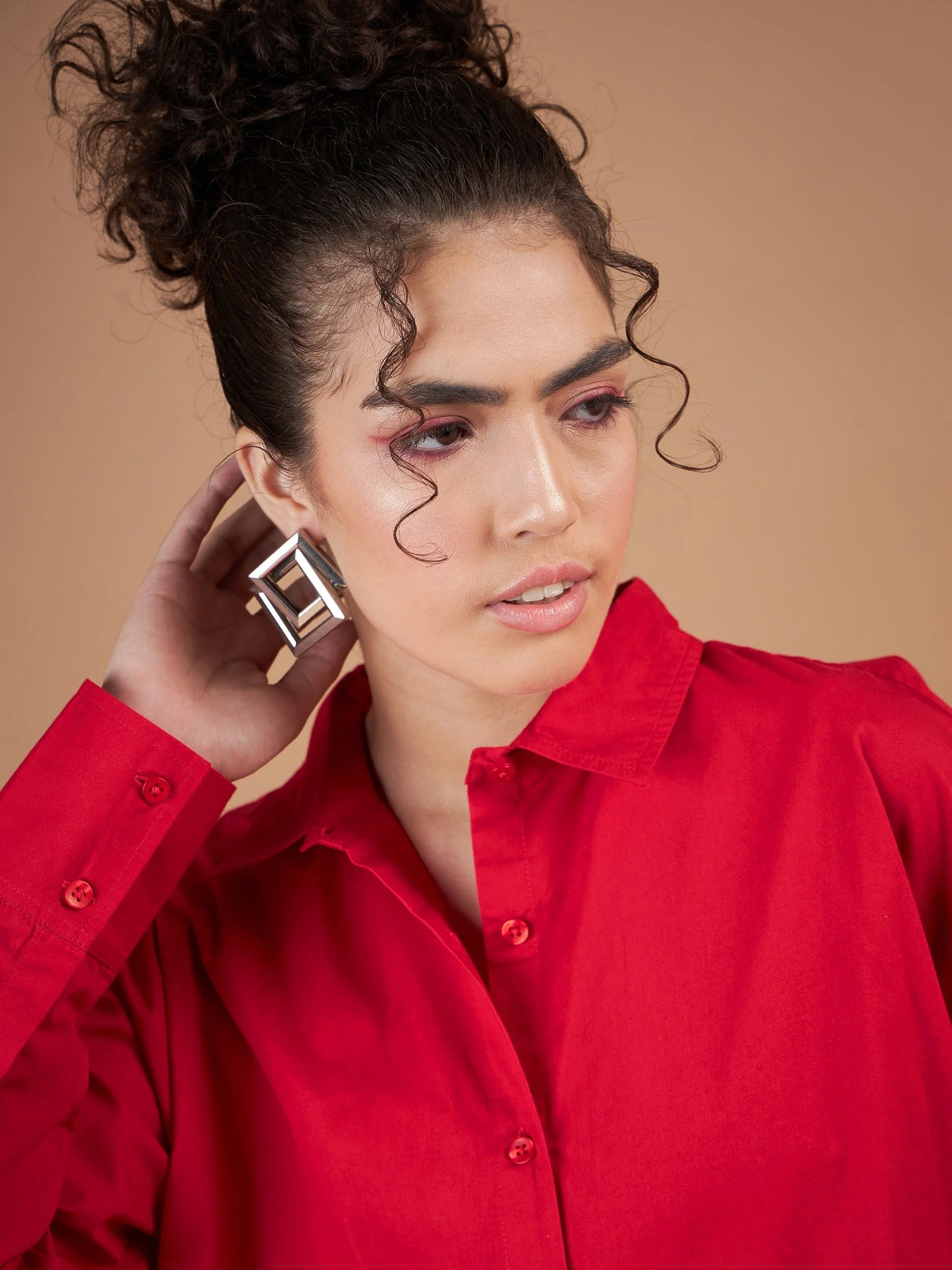 Women Red Cotton Poplin Oversized Shirt - Image 4