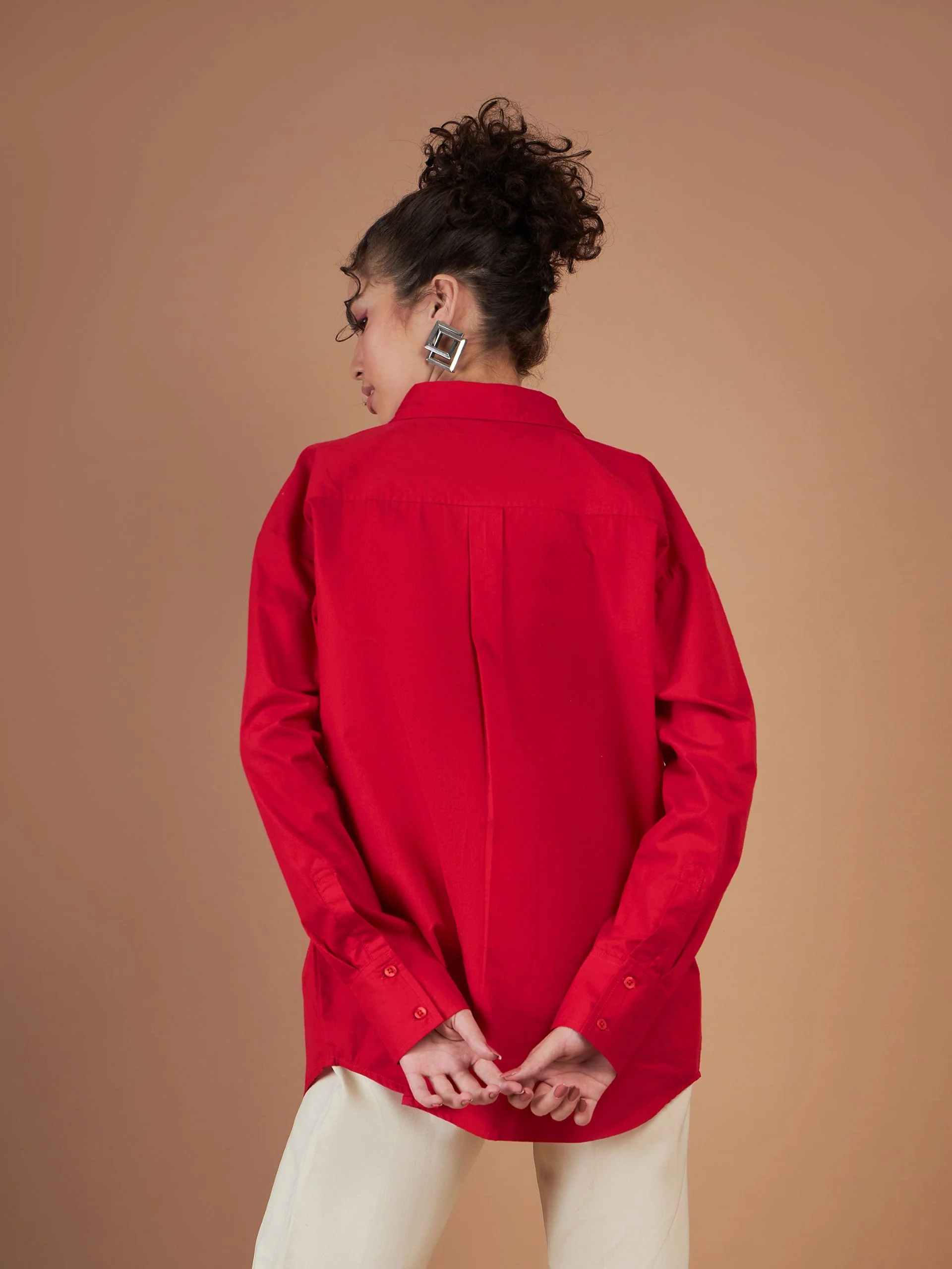 Women Red Cotton Poplin Oversized Shirt - Image 5