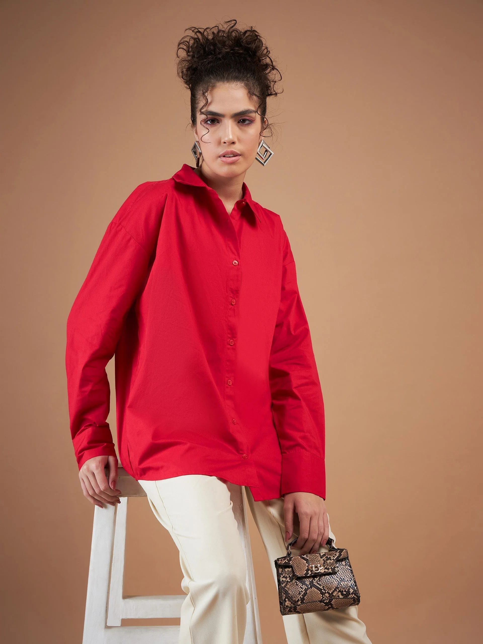 Women Red Cotton Poplin Oversized Shirt - Image 6