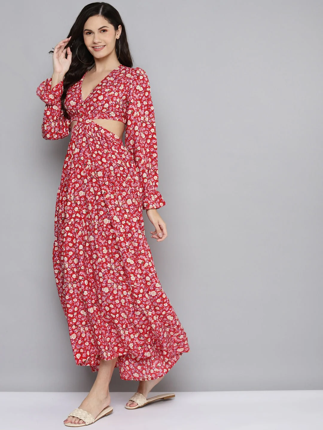 Women Red Ditsy Floral Waist Cut-Out Maxi Dress - Image 2