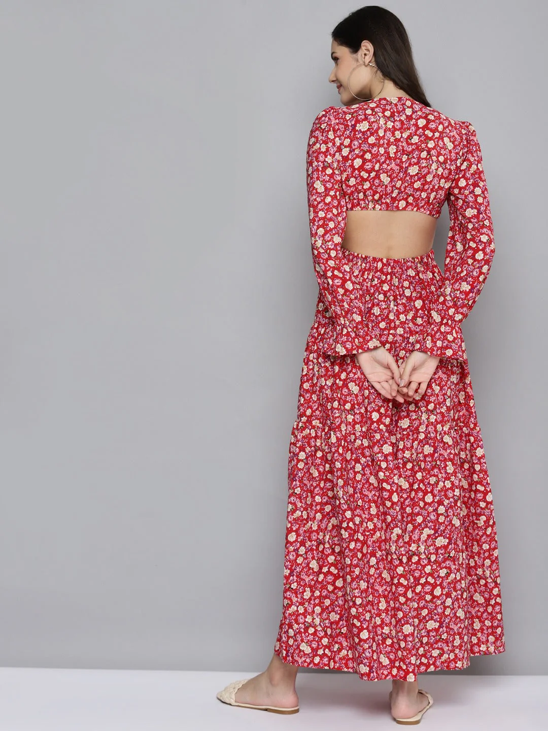 Women Red Ditsy Floral Waist Cut-Out Maxi Dress - Image 3