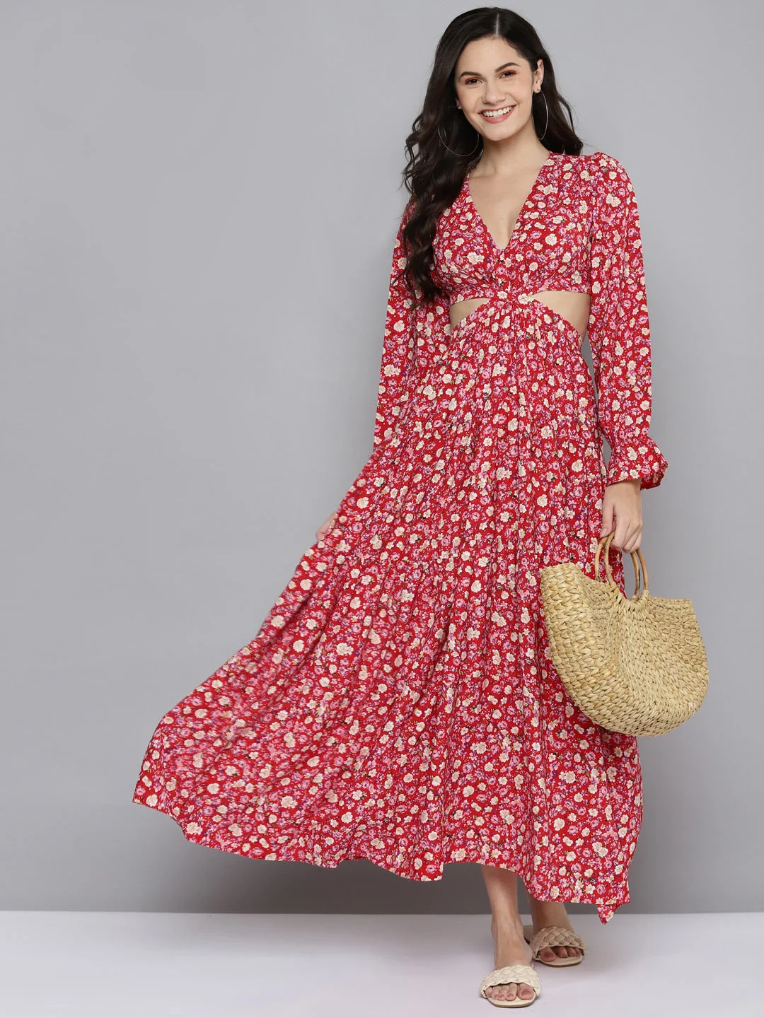 Women Red Ditsy Floral Waist Cut-Out Maxi Dress - Image 4