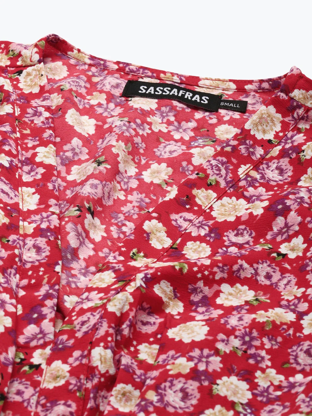 Women Red Ditsy Floral Waist Cut-Out Maxi Dress - Image 5