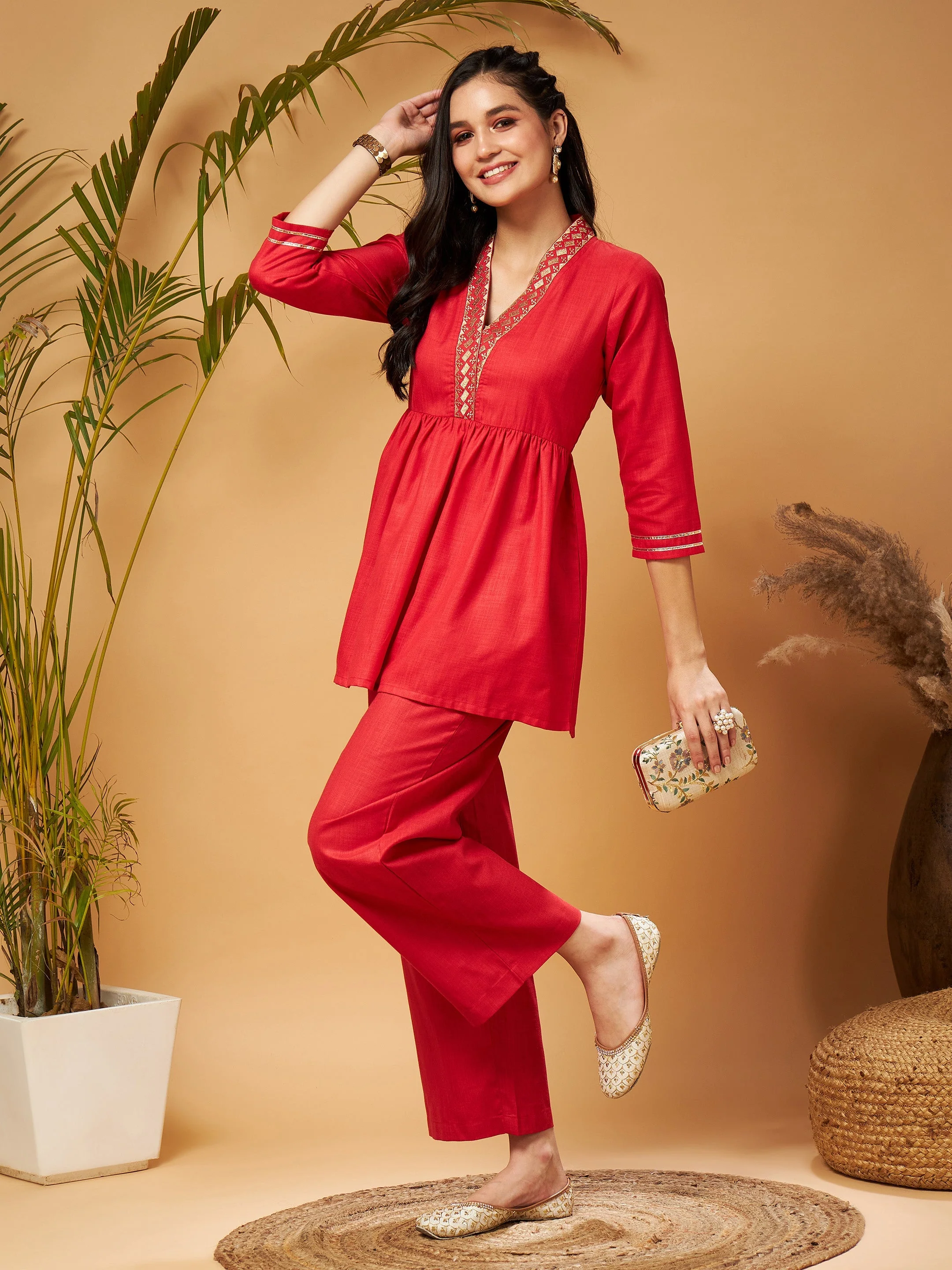 Women Red Embroidered Gathered Top With Palazzos - Image 2