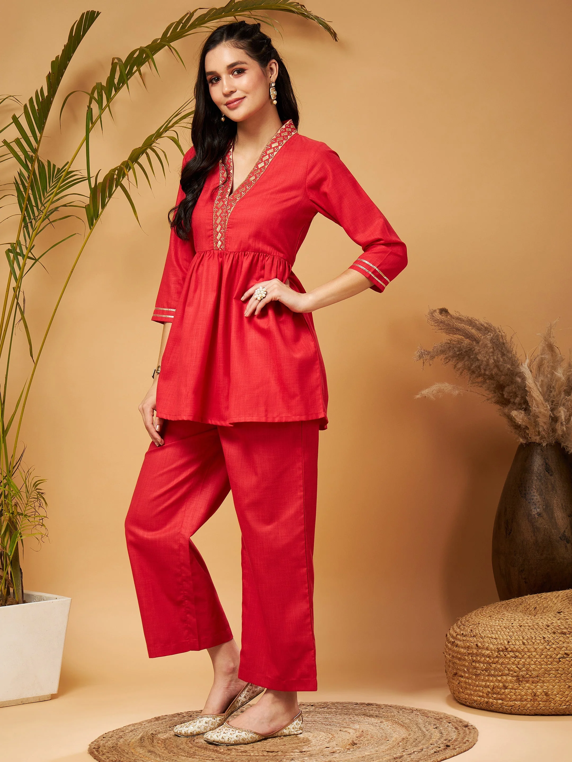 Women Red Embroidered Gathered Top With Palazzos - Image 3