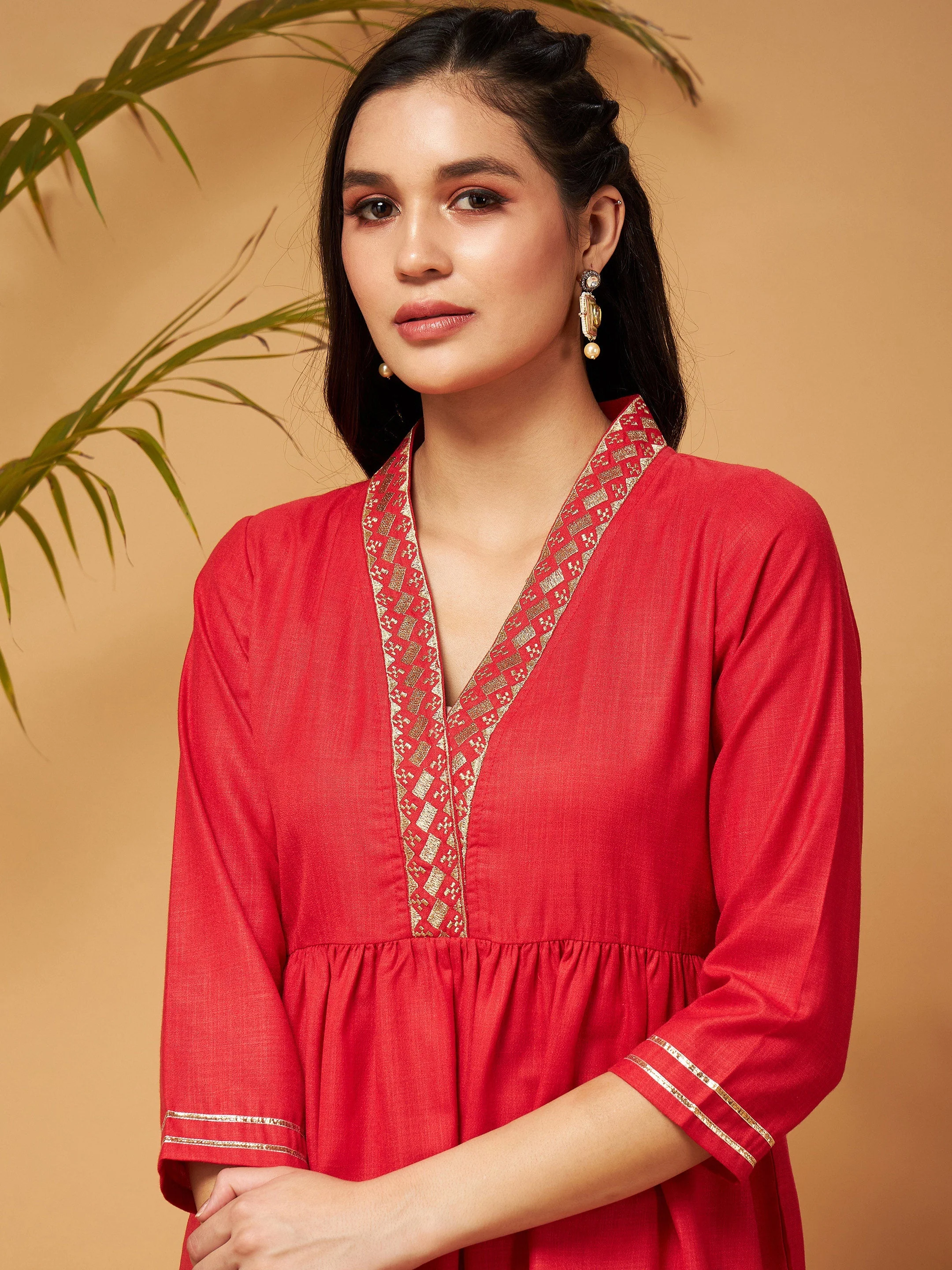 Women Red Embroidered Gathered Top With Palazzos - Image 4