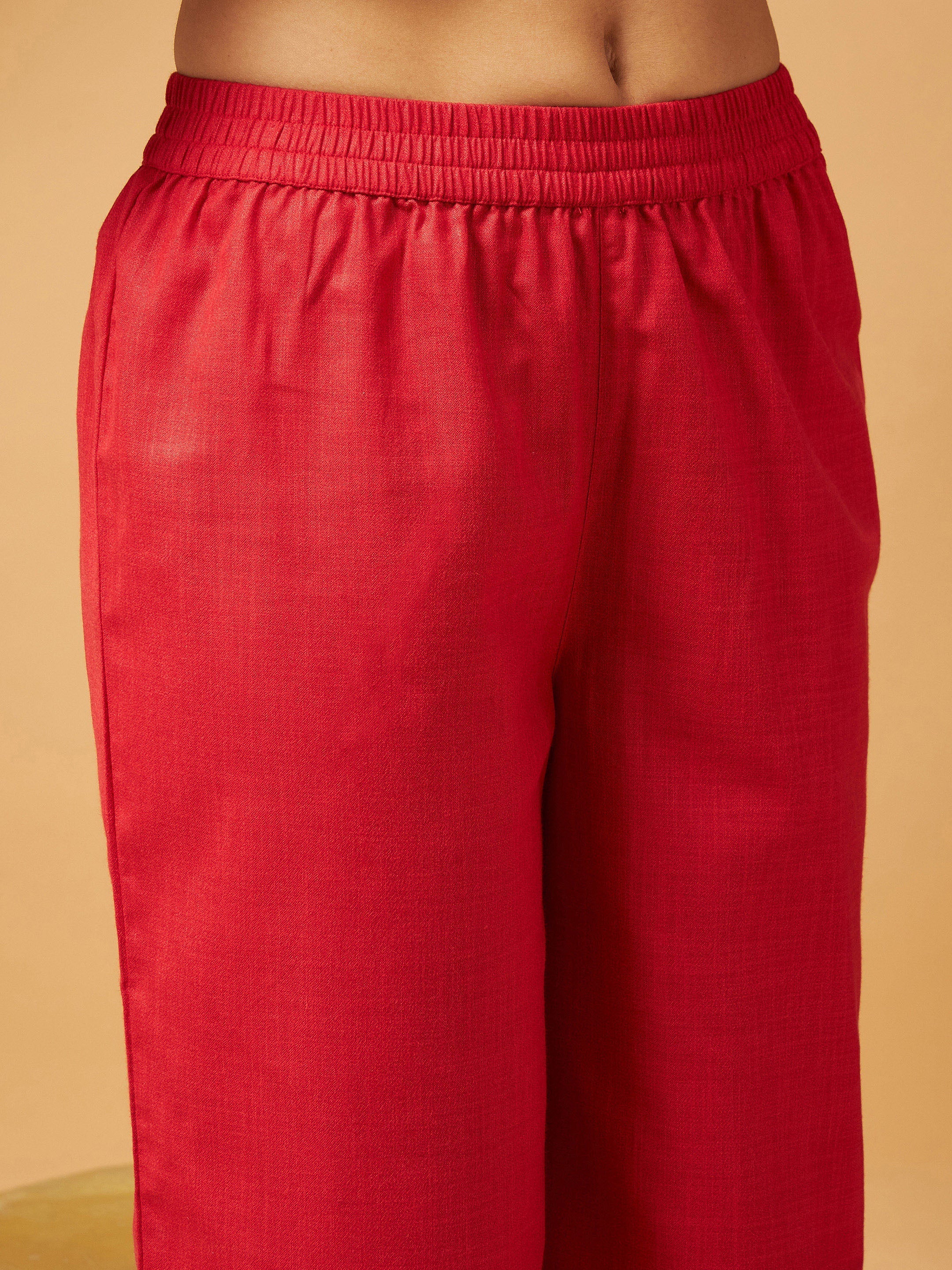 Women Red Embroidered Gathered Top With Palazzos - Image 5