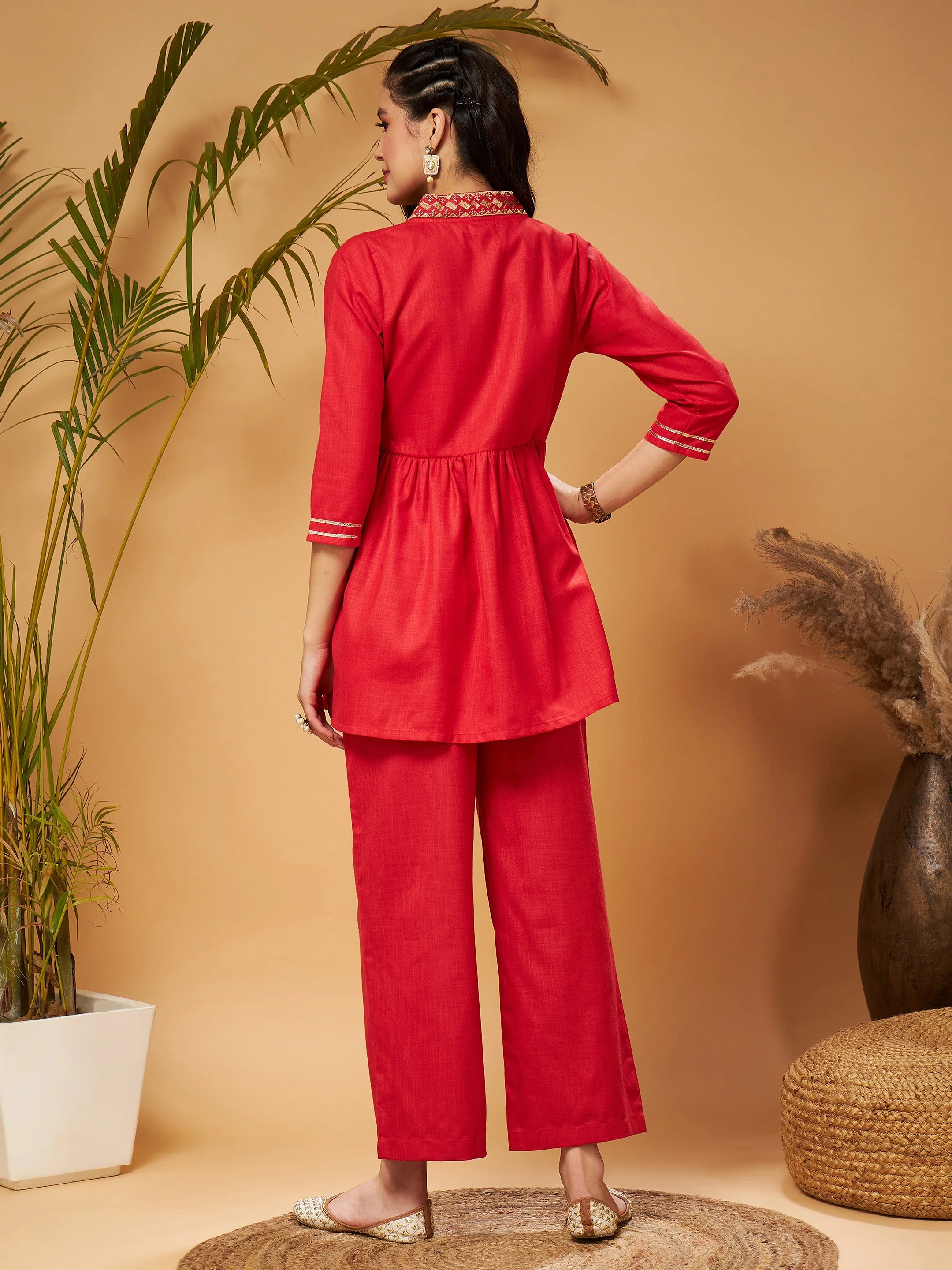 Women Red Embroidered Gathered Top With Palazzos - Image 6