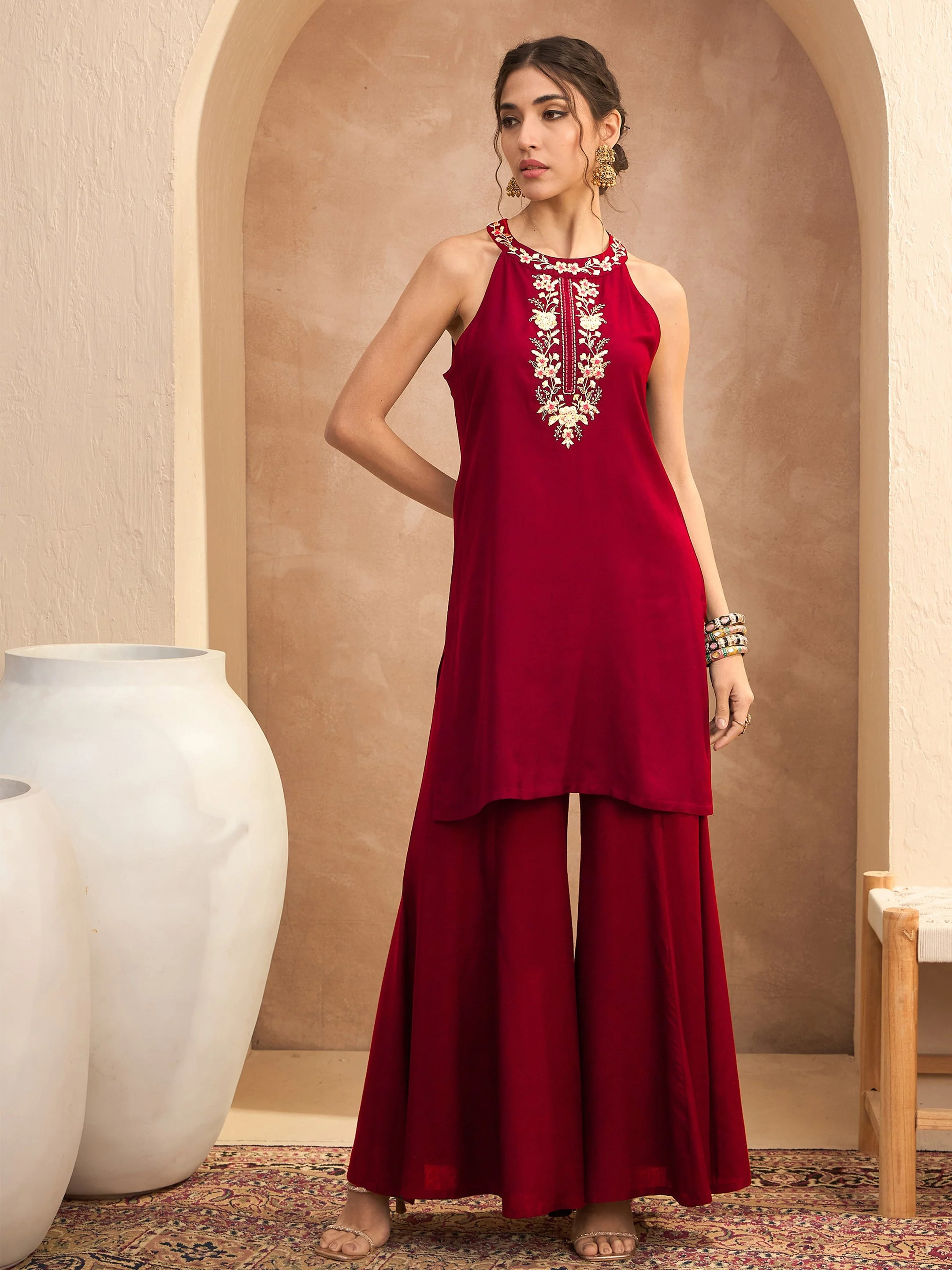Women Red Embroidered Halter Kurta With Palazzos - Image 2