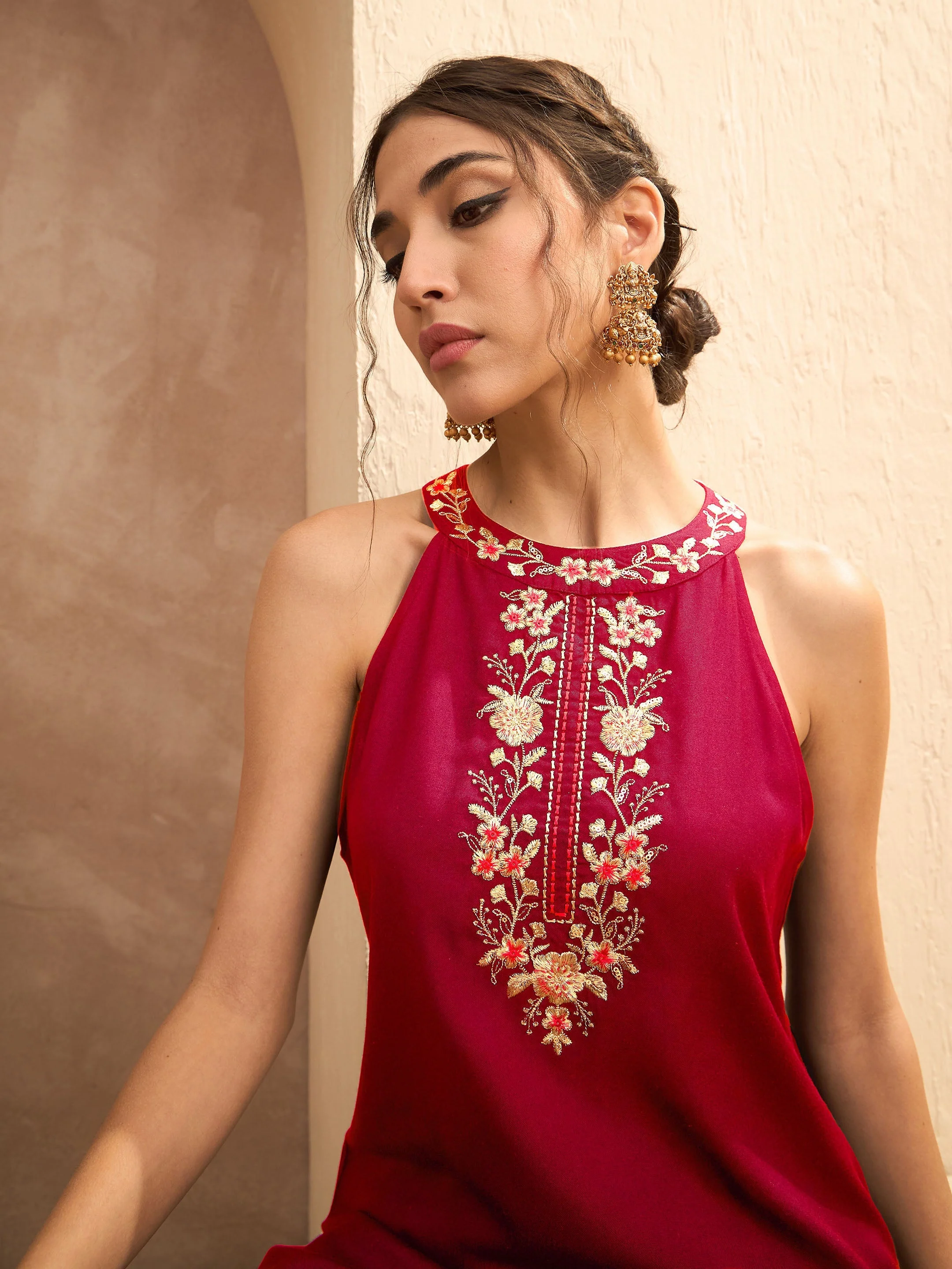 Women Red Embroidered Halter Kurta With Palazzos - Image 4