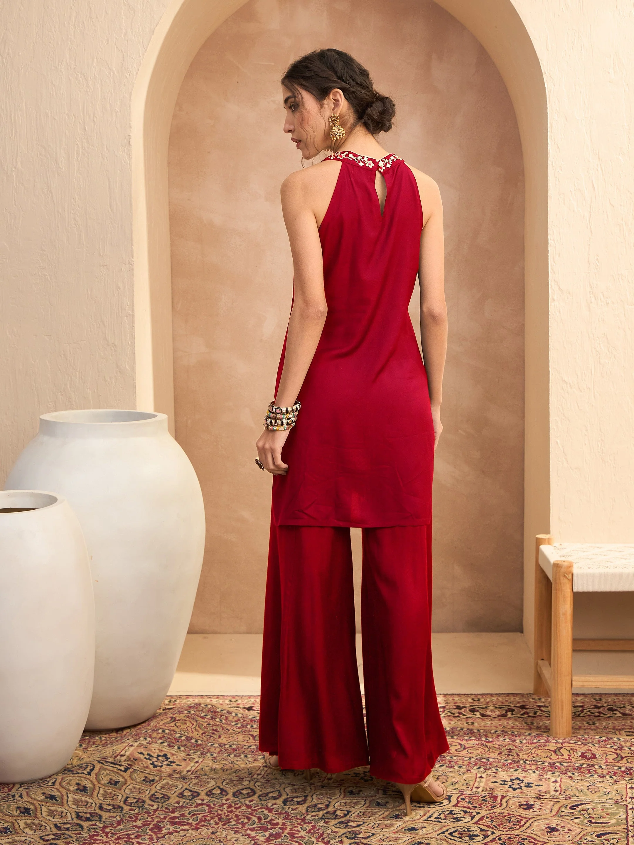 Women Red Embroidered Halter Kurta With Palazzos - Image 5
