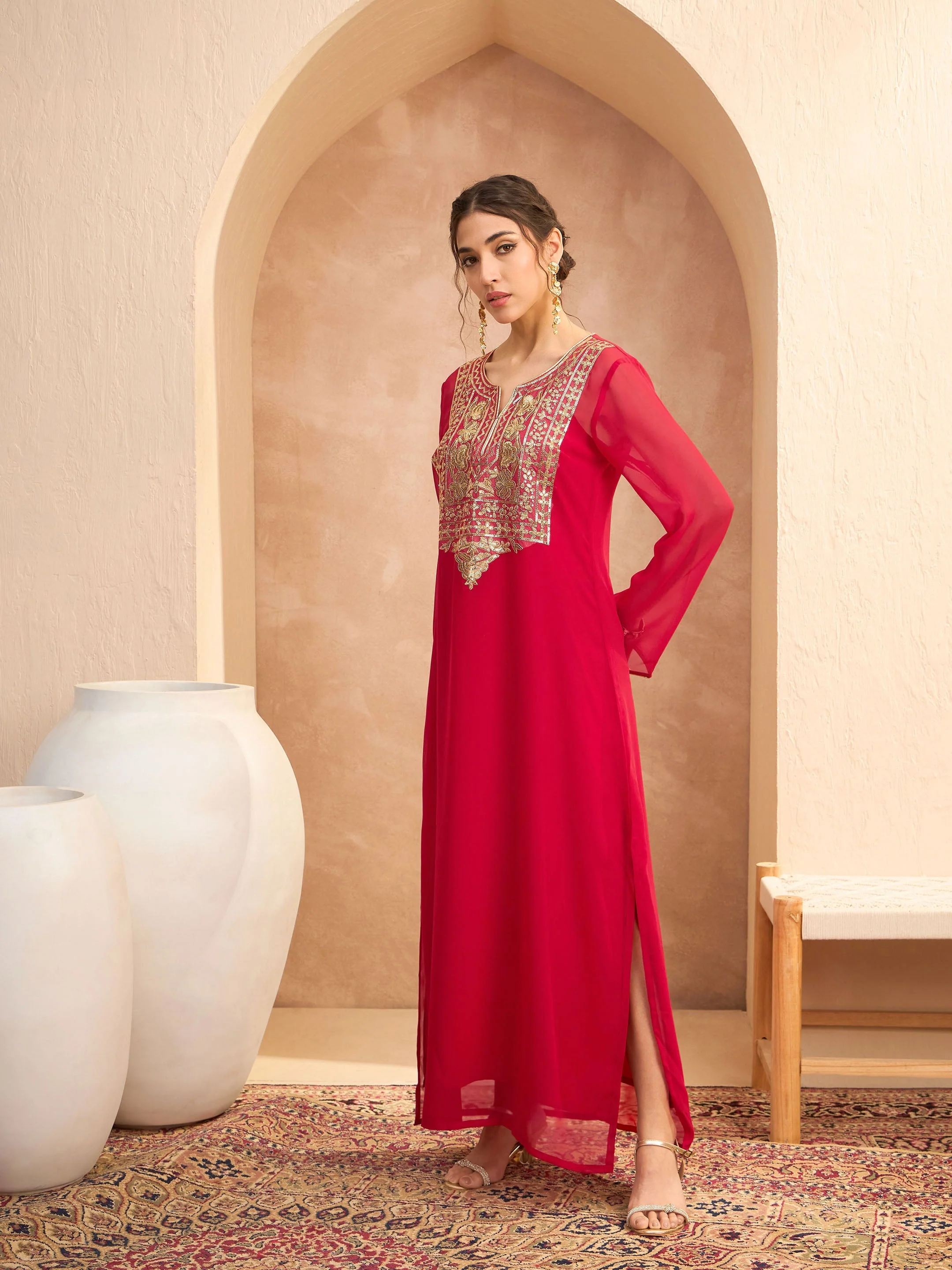Women Red Embroidered Round Neck Abaya Dress - Image 2