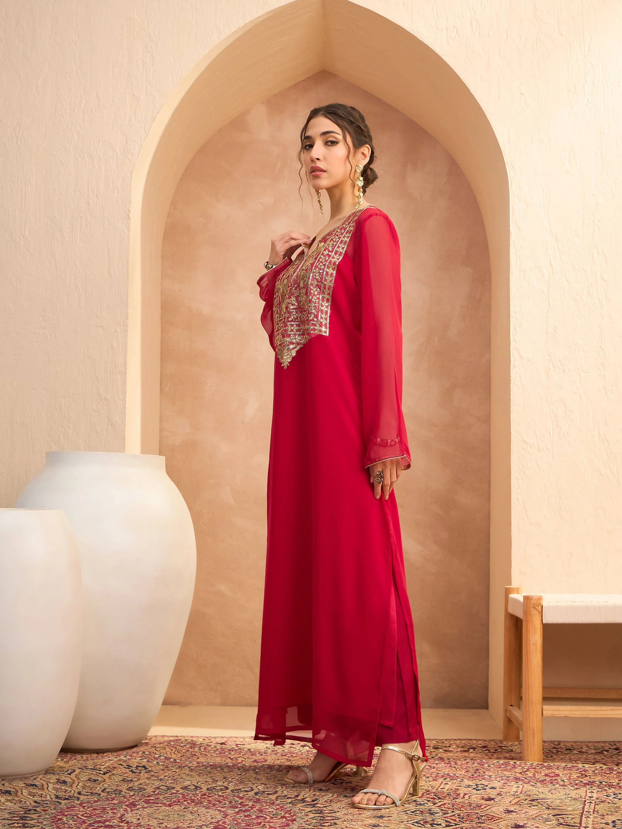 Women Red Embroidered Round Neck Abaya Dress - Image 3