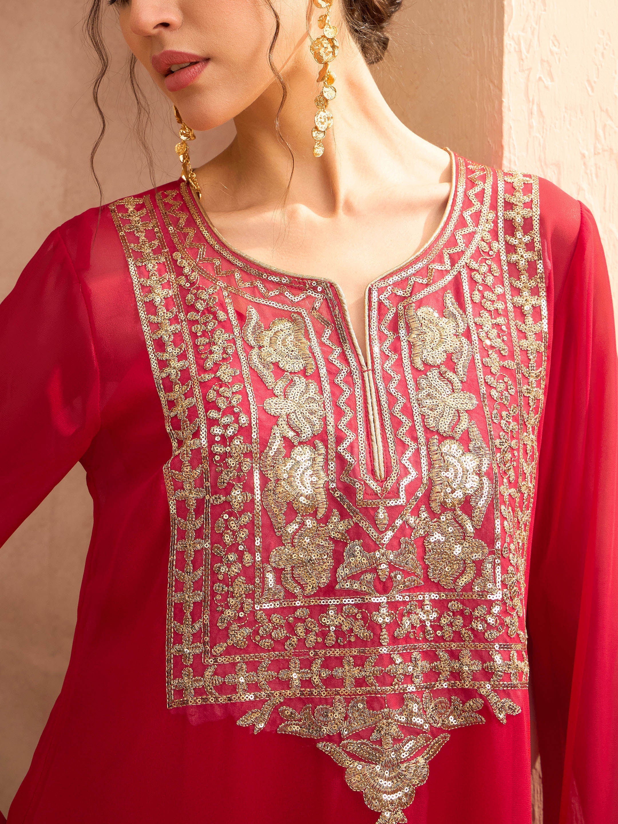 Women Red Embroidered Round Neck Abaya Dress - Image 4