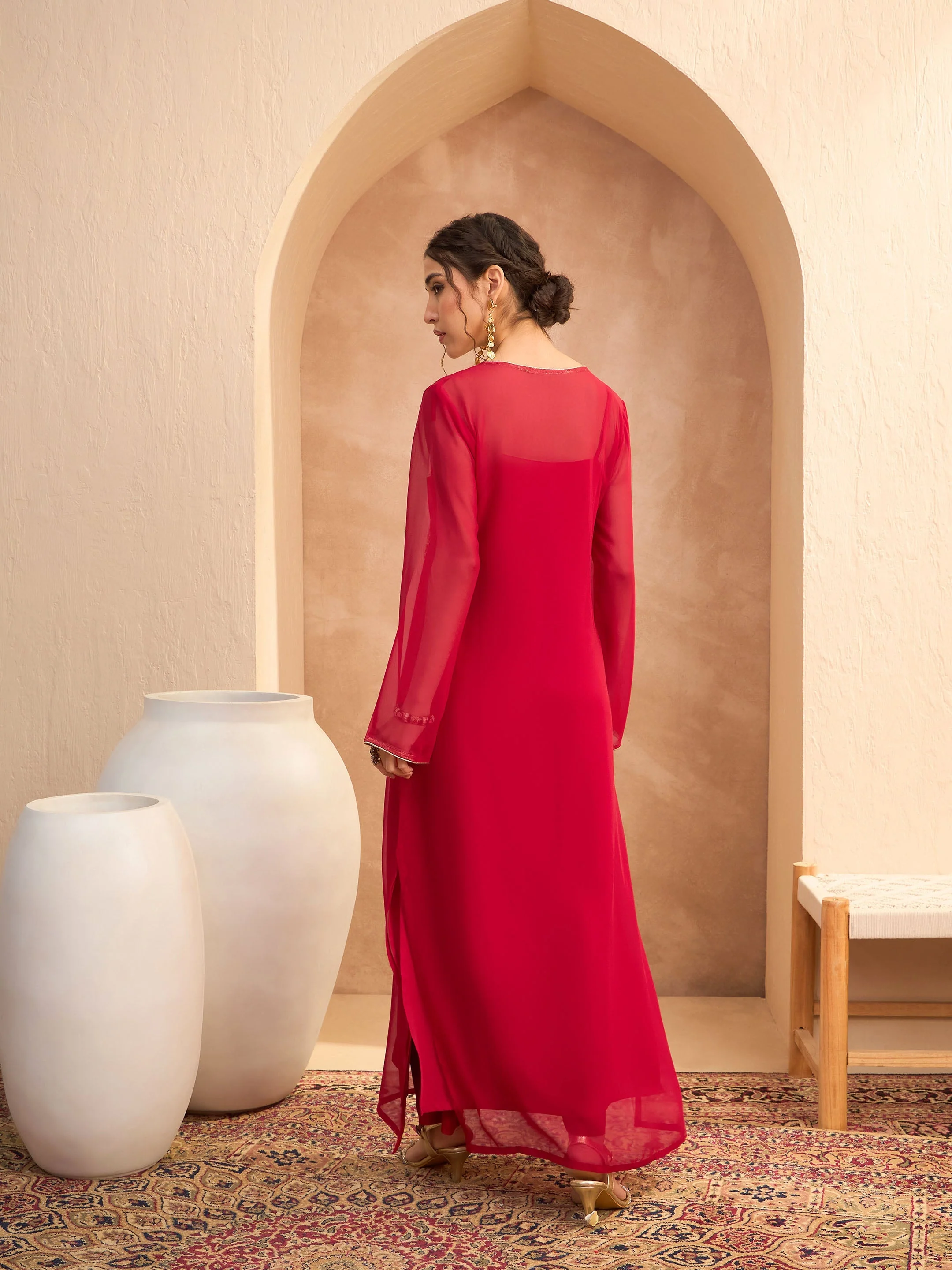 Women Red Embroidered Round Neck Abaya Dress - Image 5